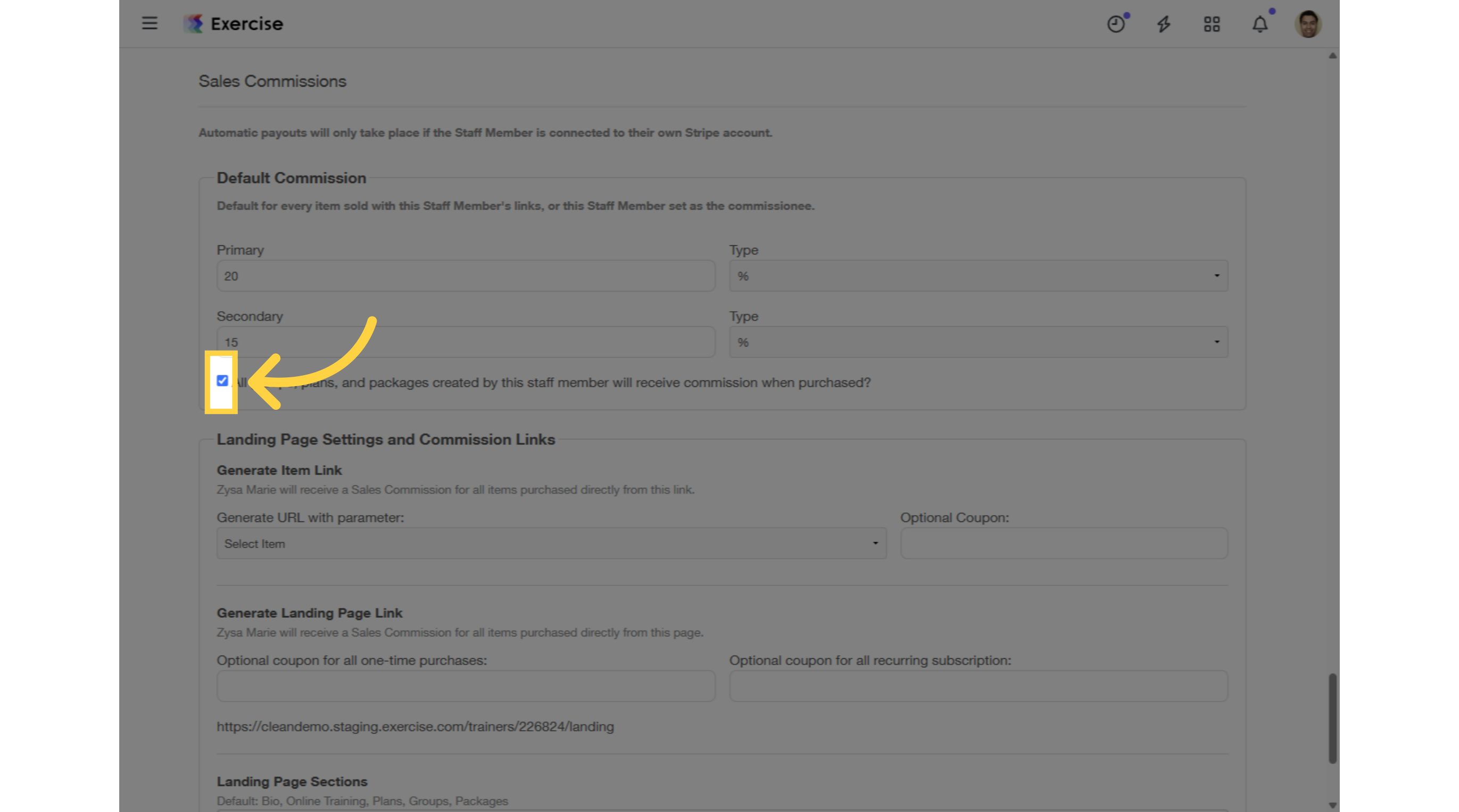 Check the All groups, plans, and packages created by this staff member will receive commission when purchased? box.