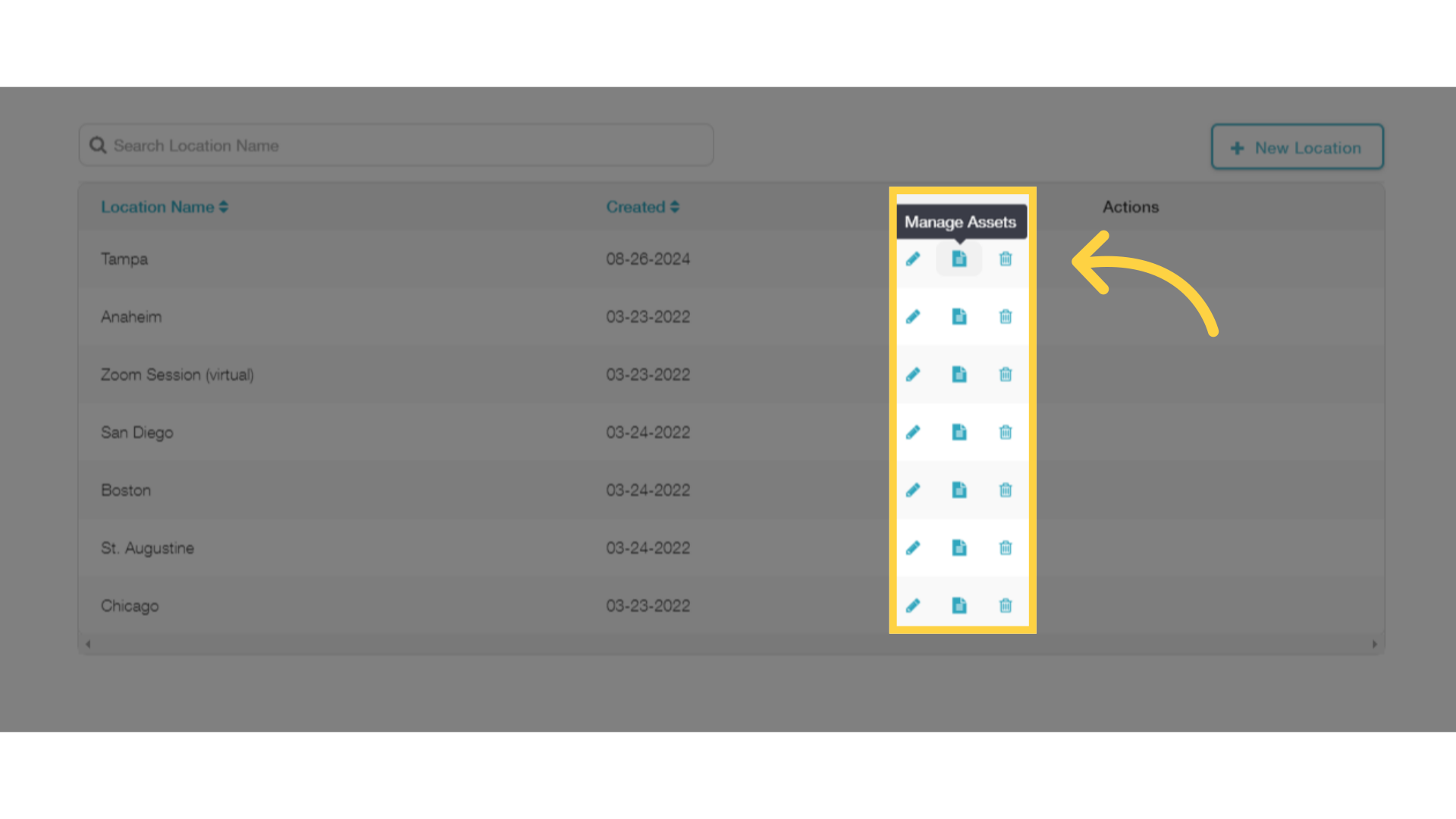 Click the 'Manage Assets' icon for the Location you want to update.