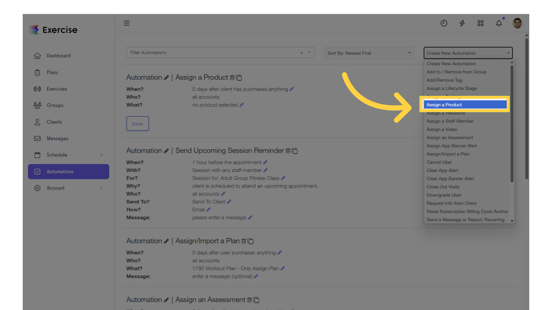 Select “Assign a Product” from the Create New Automations drop-down list.