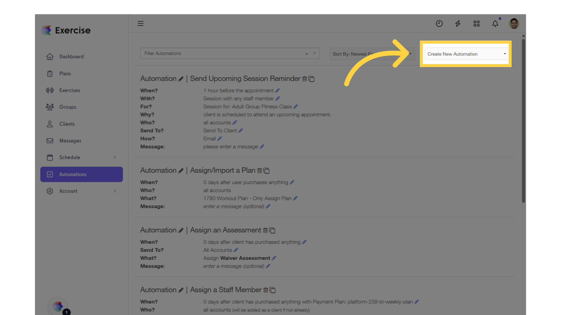 Click on the “Create New Automation” drop-down list.