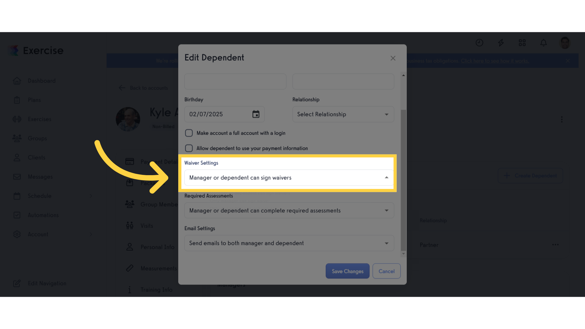 Select Waiver Settings.