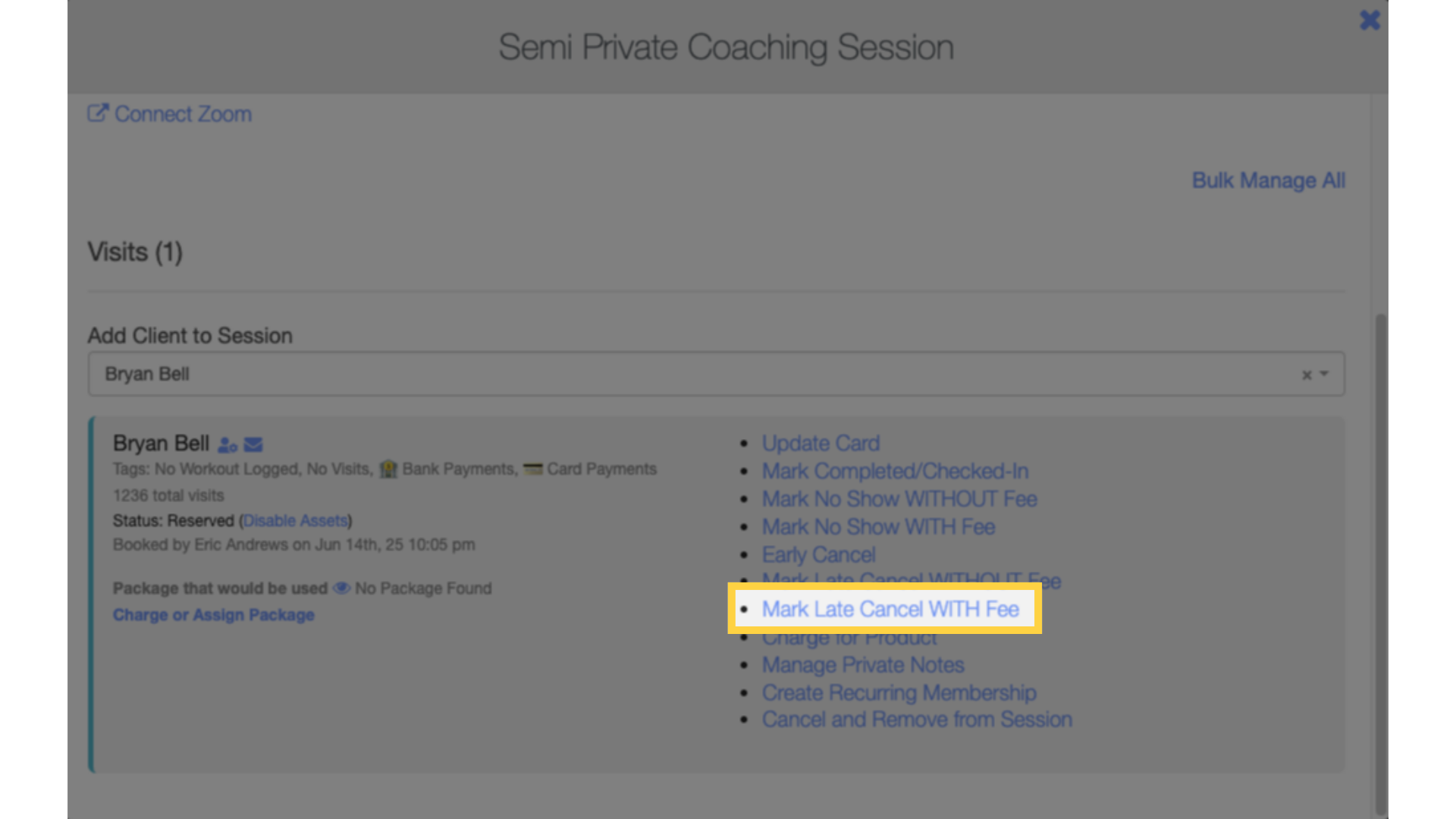 Mark Late Cancel With Fee.