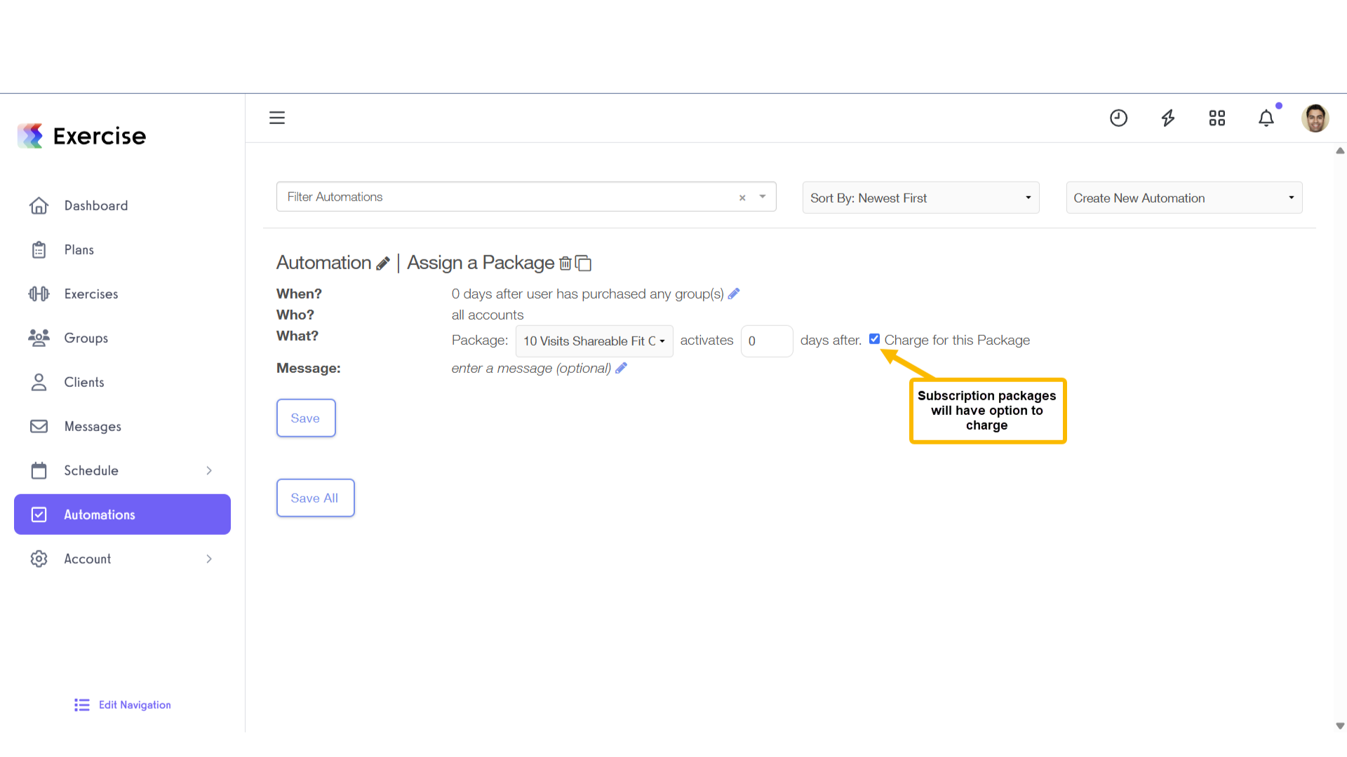 If the package is charged, check the āCharge this Subscription Packageā box.