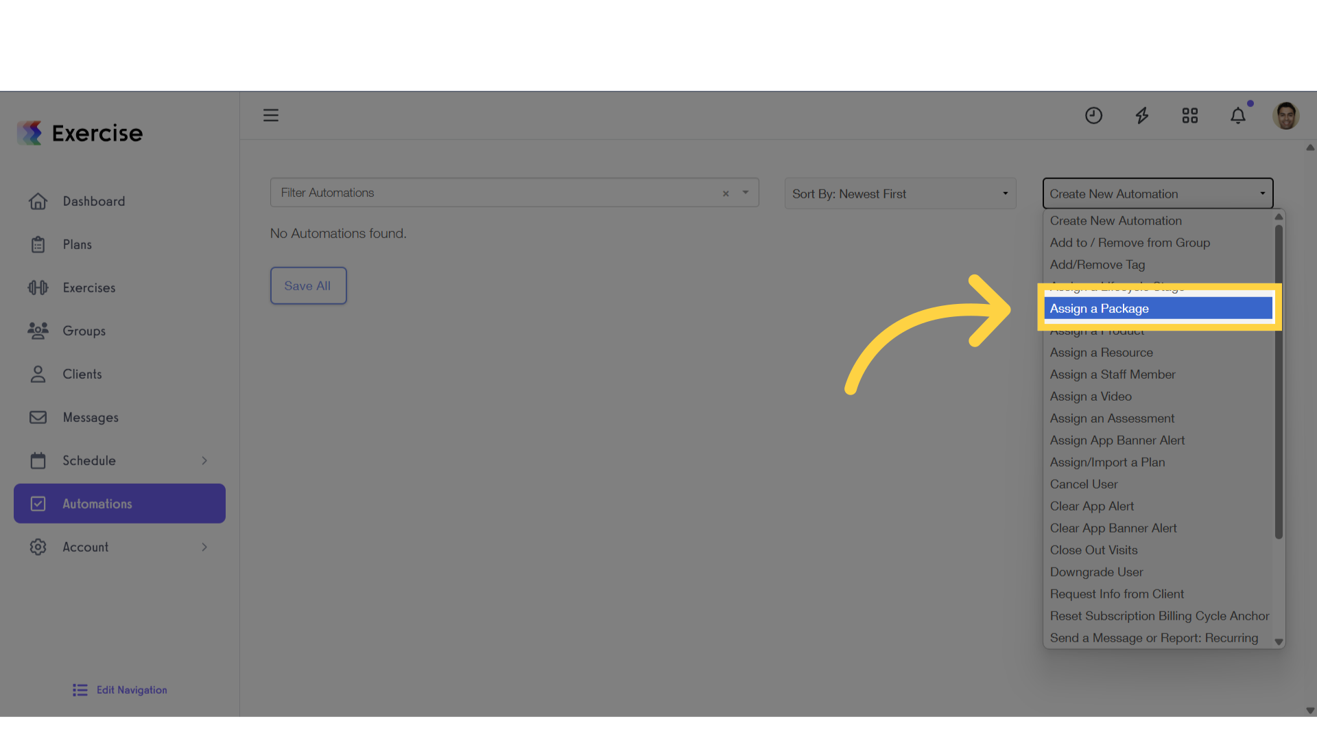 Select “Assign a Package” from the Create New Automations drop-down list.