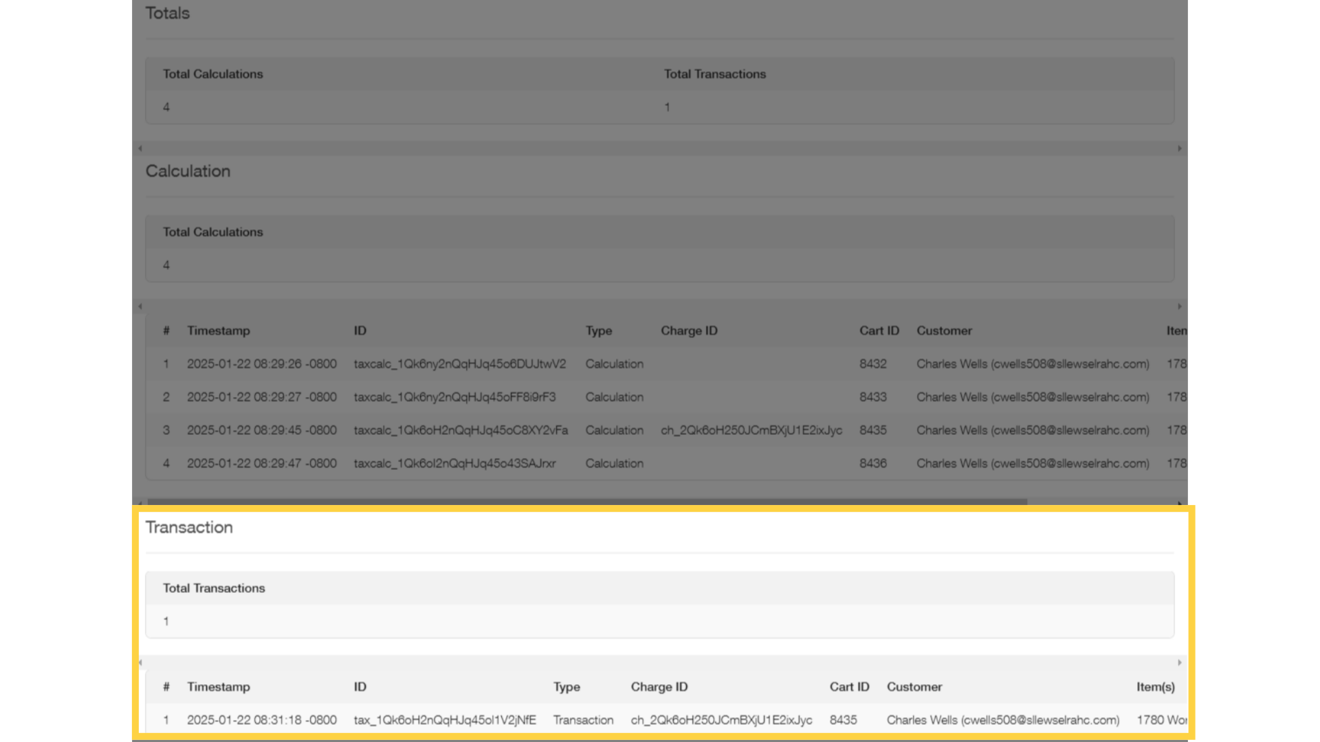 Review the Transactions table to see where transactions were completed with sales tax applied.