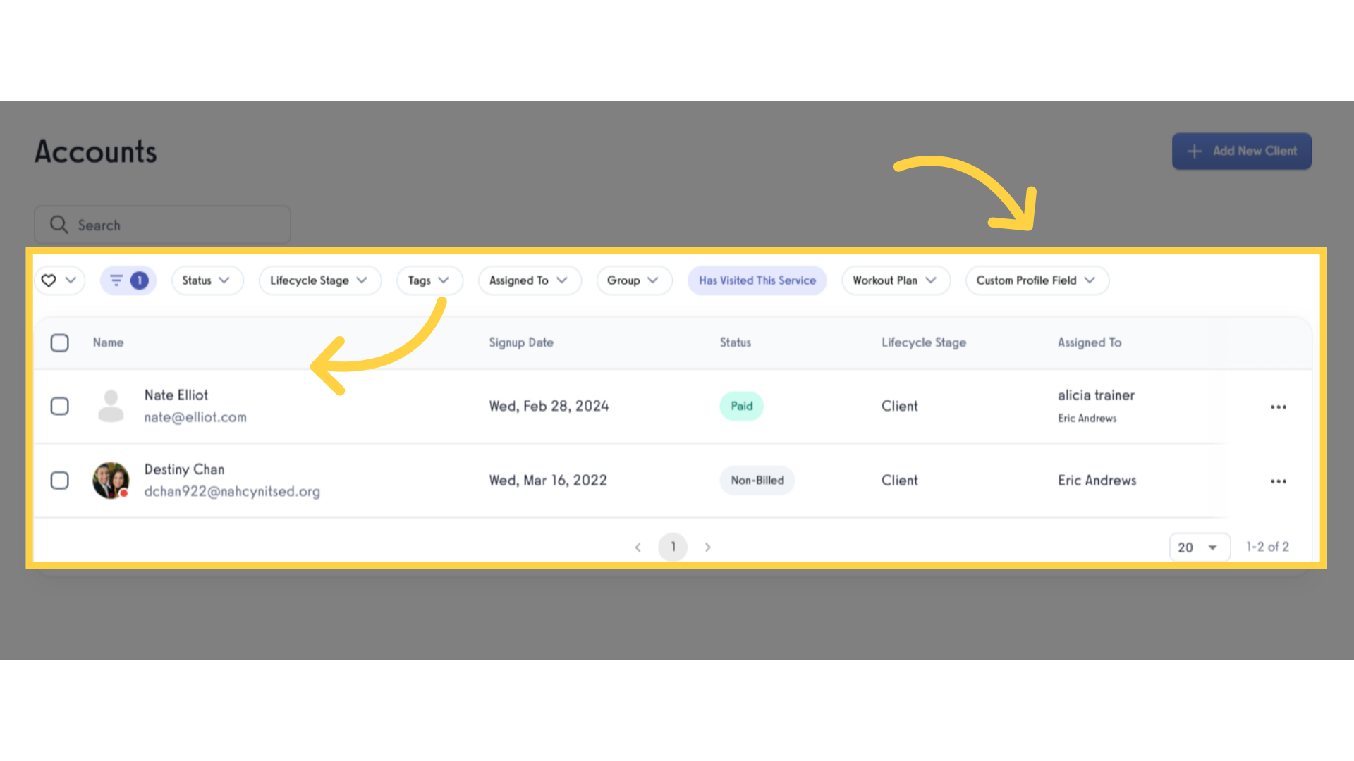 Check the filtered clients to see the services or classes they've attended.