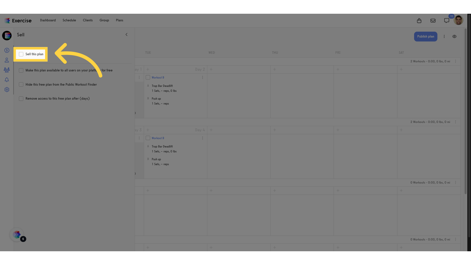 Tick the 'Sell this plan' checkbox.