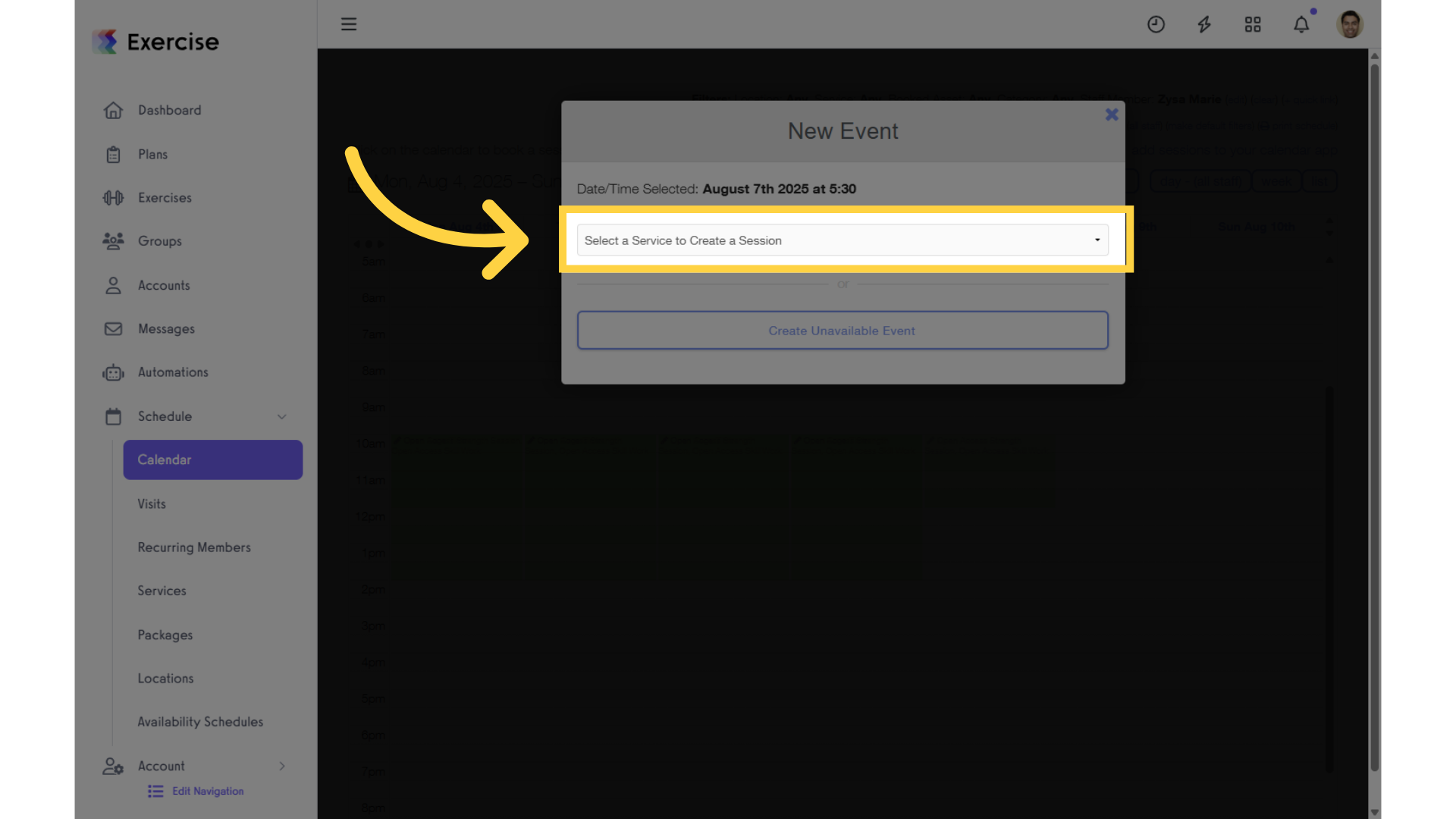 Select the service for the appointment from the dropdown list.