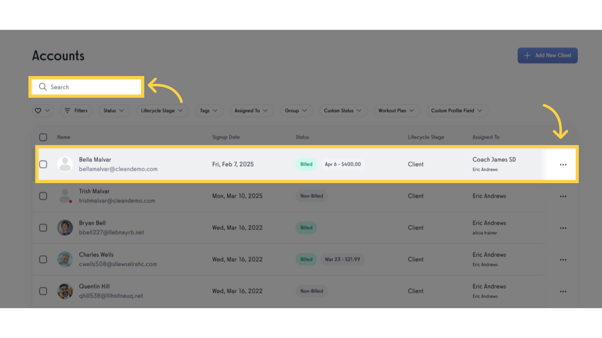 Search or select specific client.