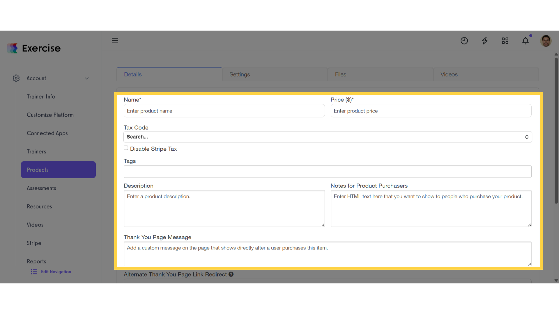 Fill in the “Details” tab of the new product