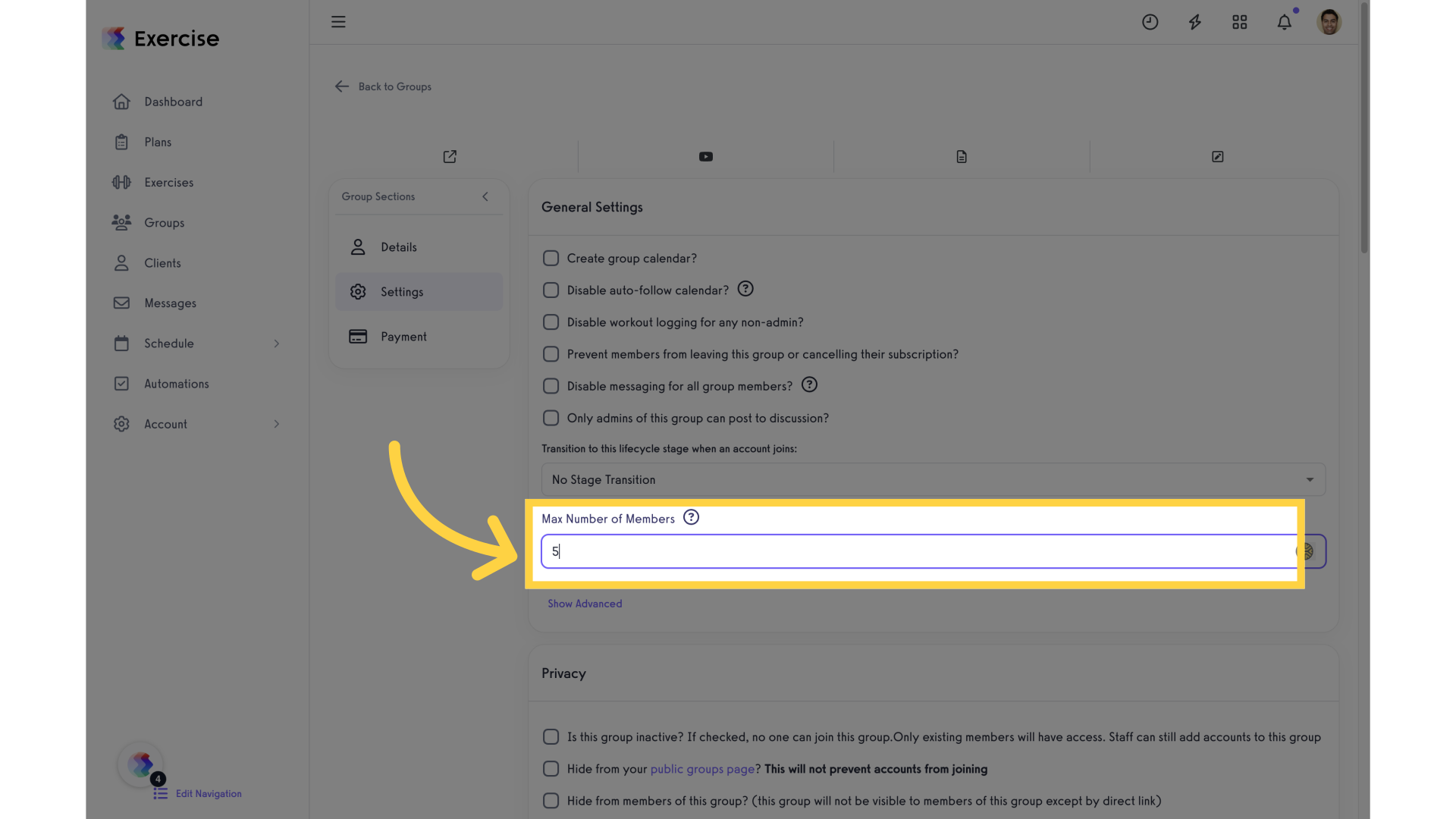 Locate the “Max Number of Members” Field.