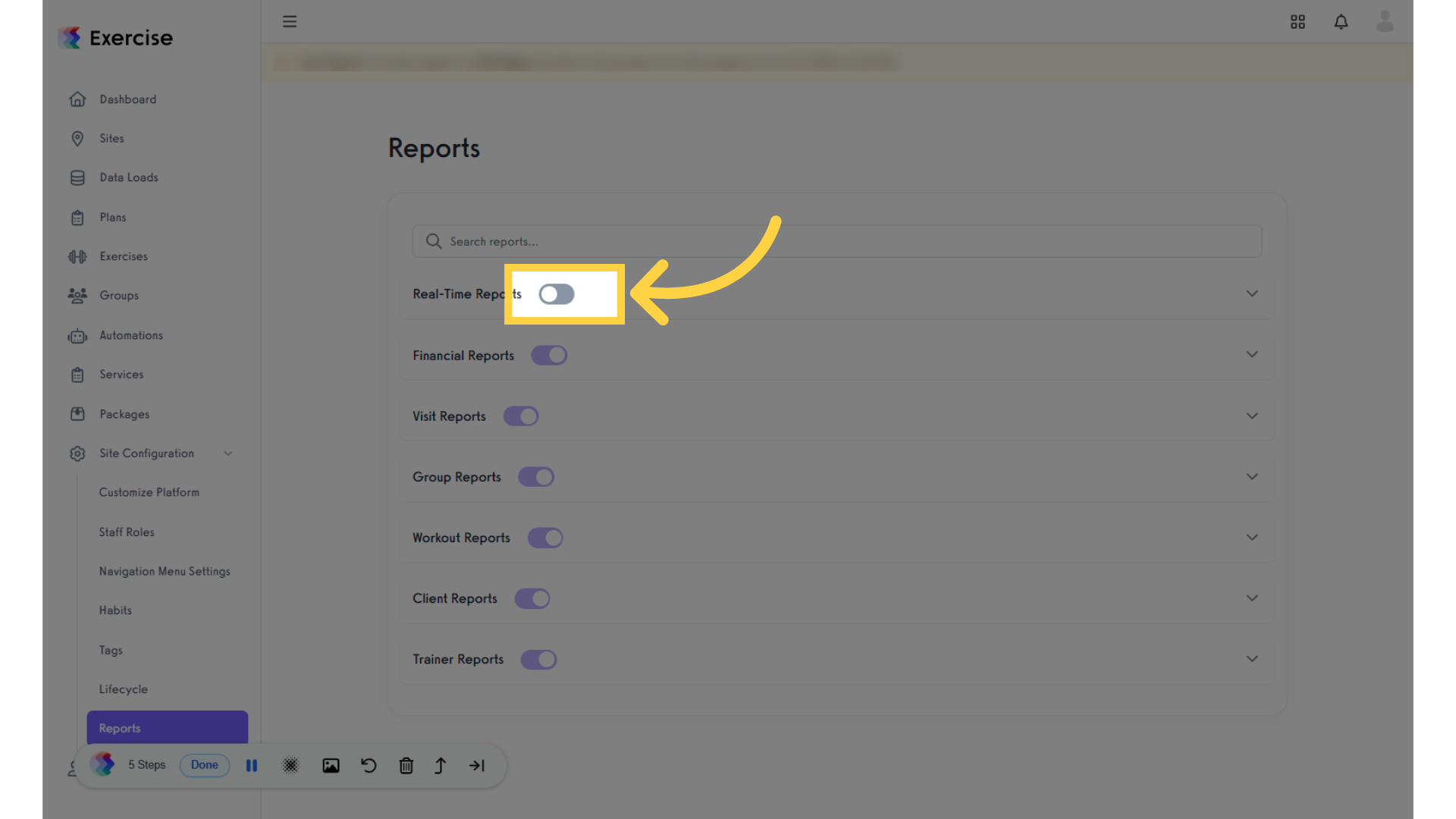 Select a report and toggle it off to hide it from the Site Reports section.
