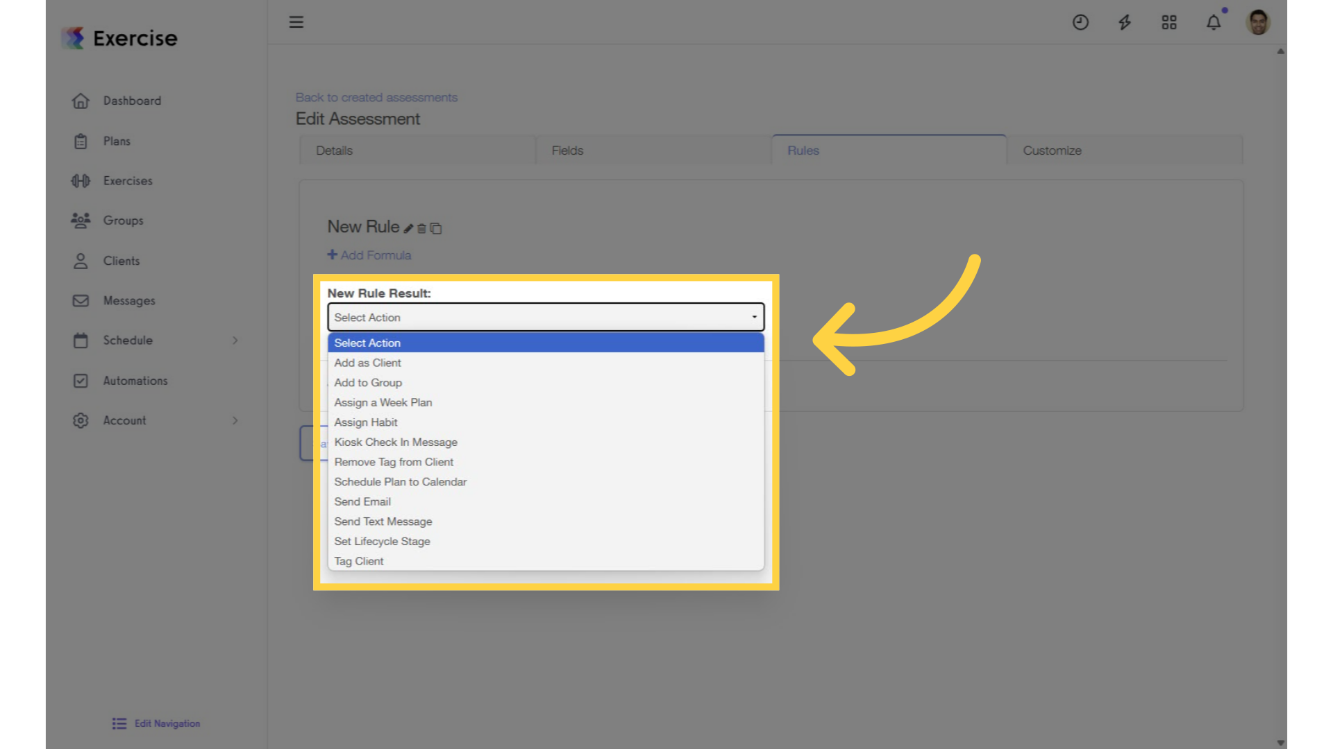 Click the 'New Rule Result' drop-down list.