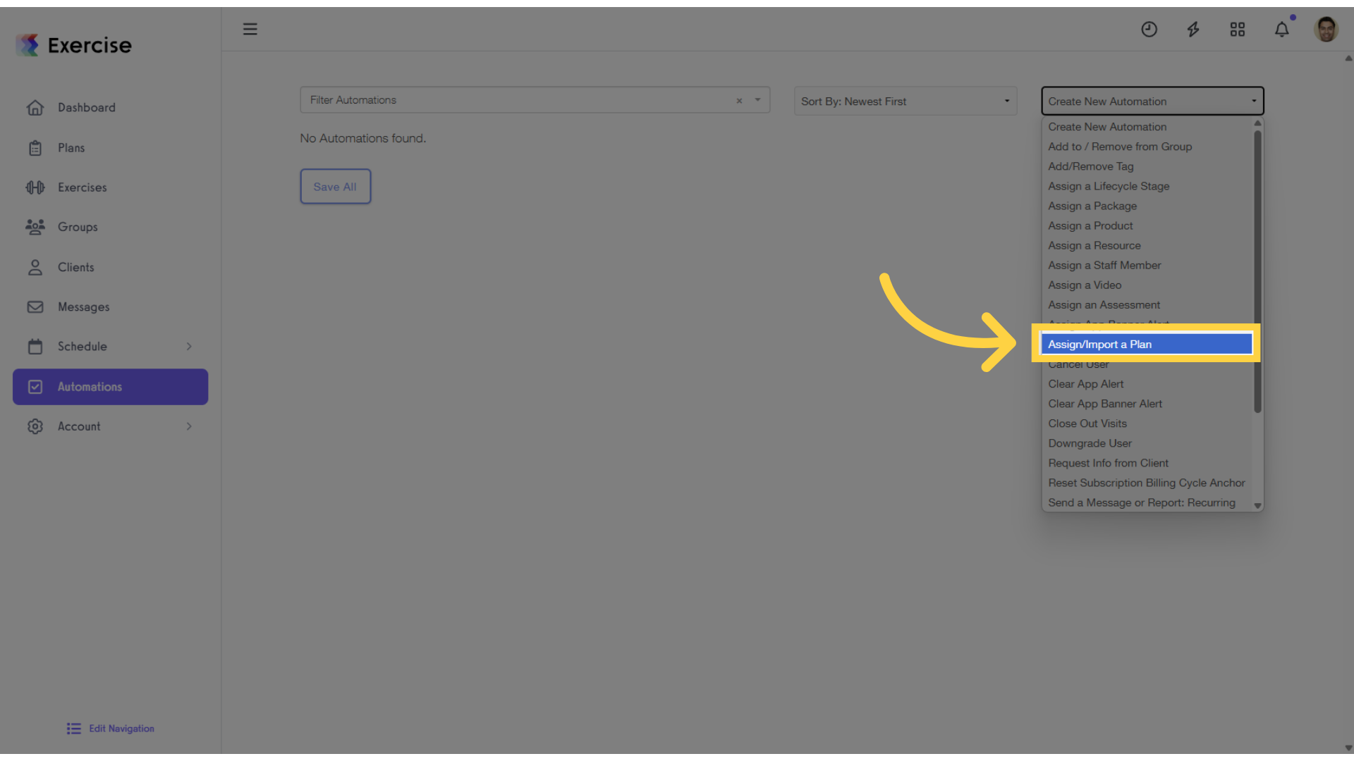 Click on âCreate New Automationâ and select âAssign/Import a Planâ from the drop-down.