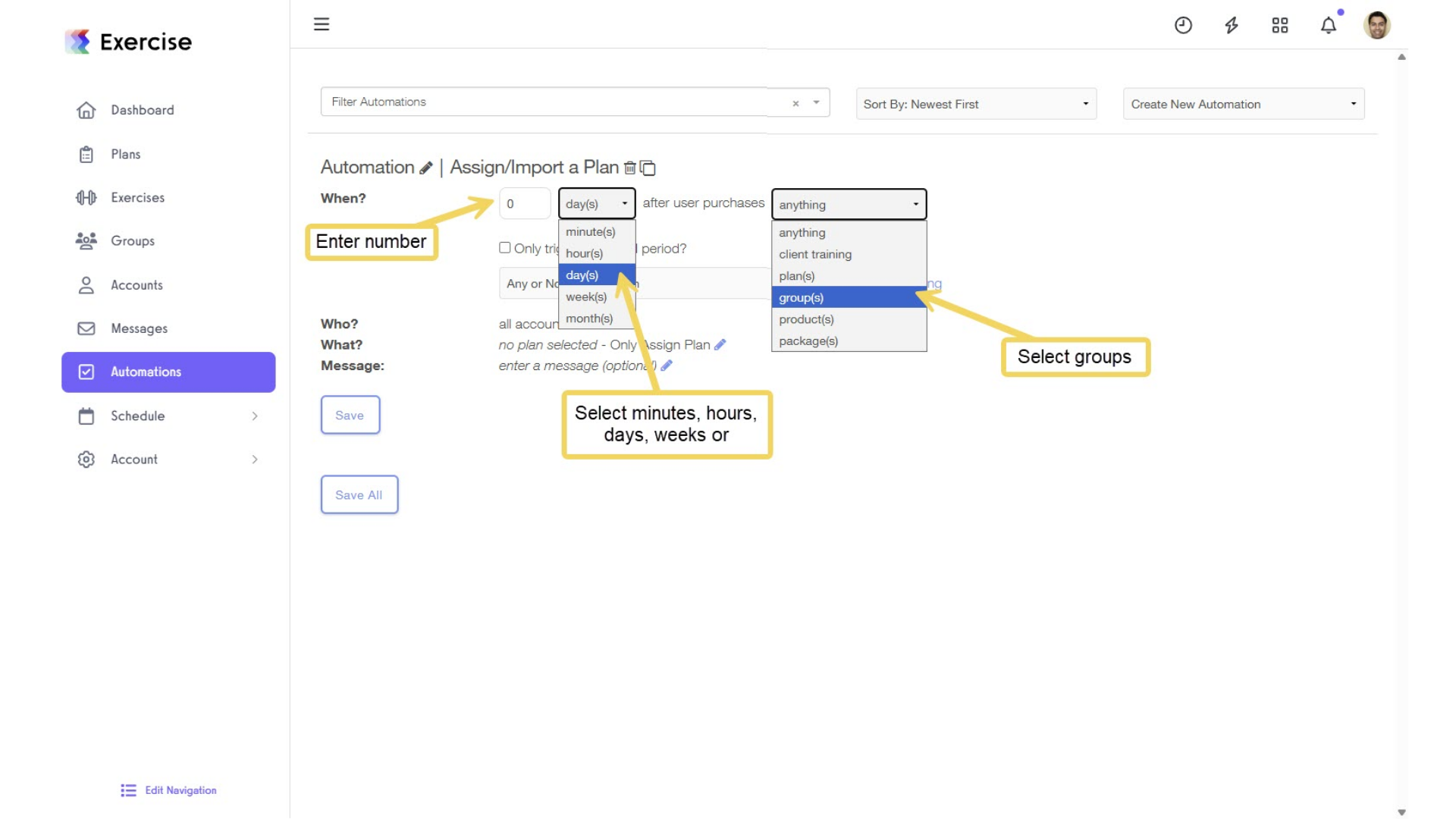 Select an action that will assign the plan.