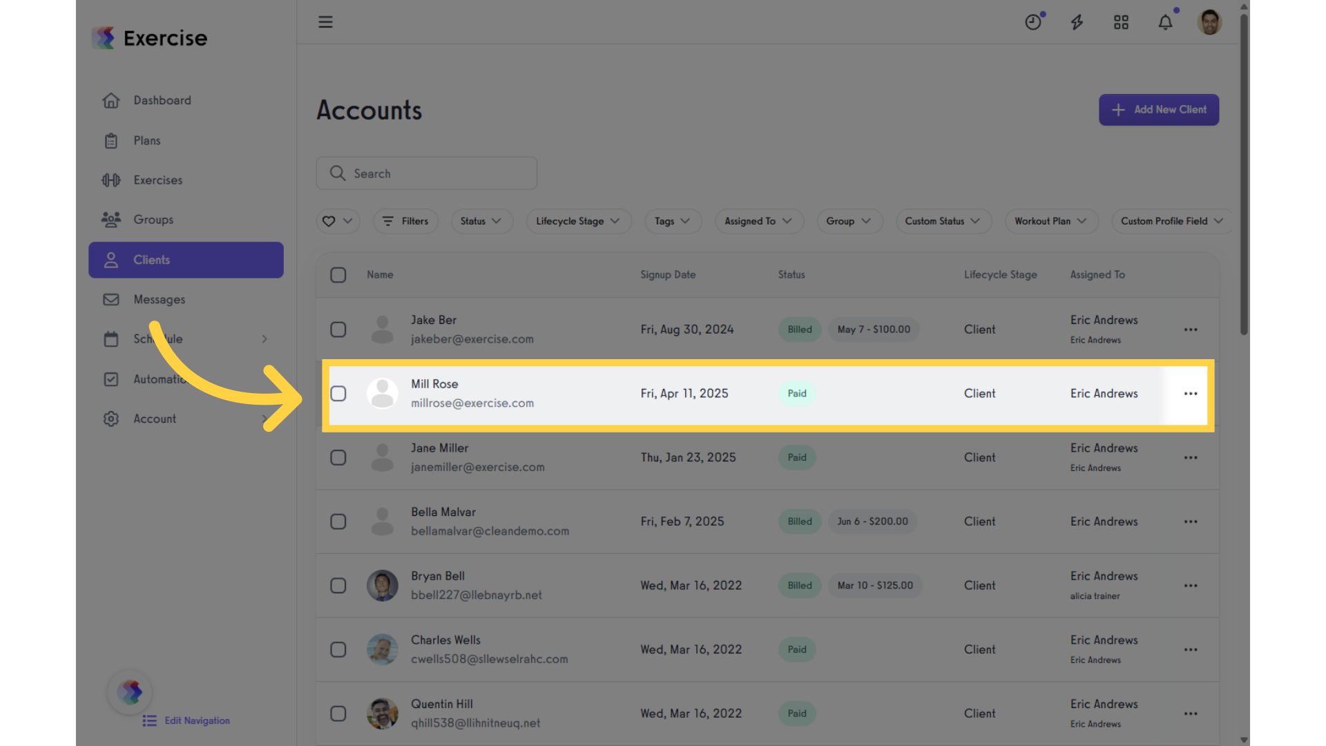 Select and click a client.