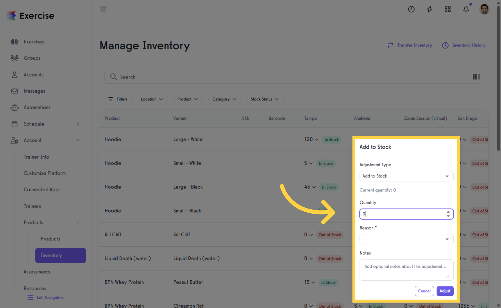 Adjust stock via Manage Inventory page.