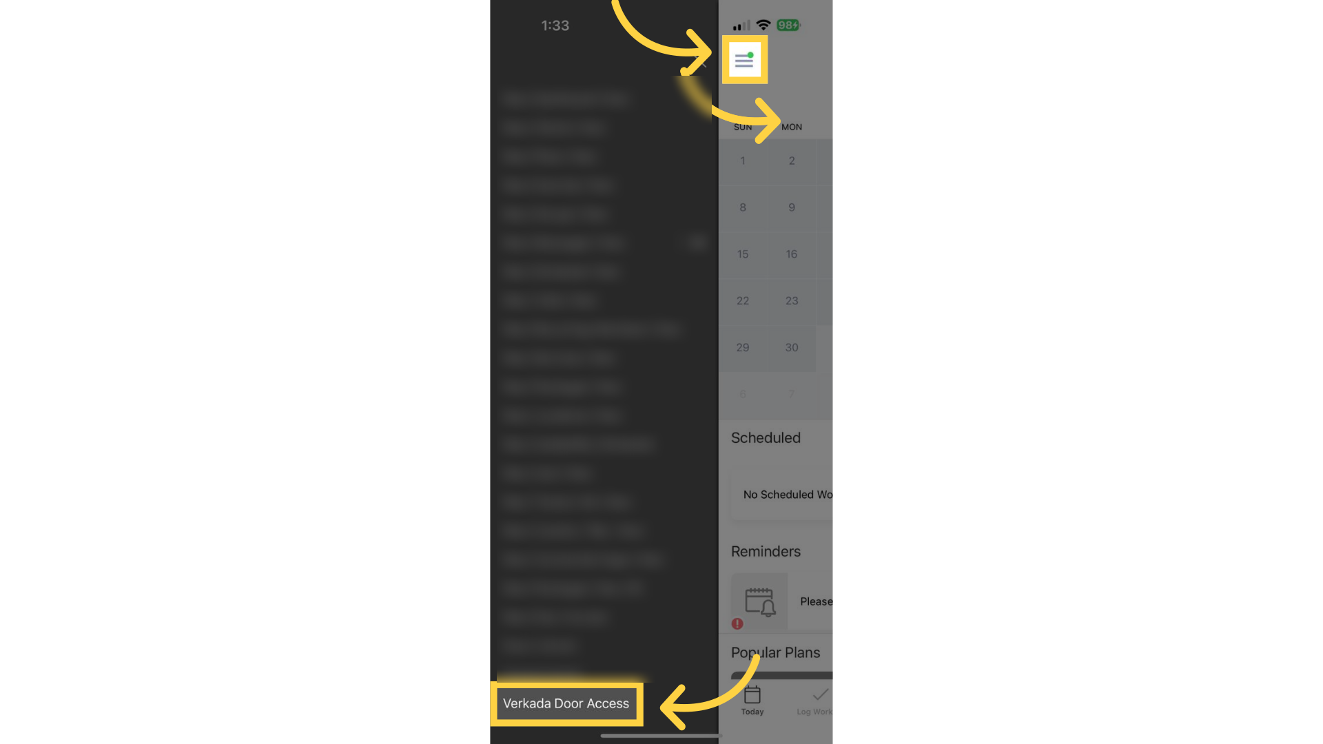 Log in to the mobile app and access the door.