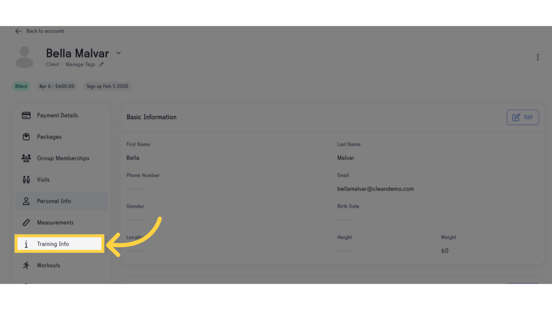 Click 'Training Info'.