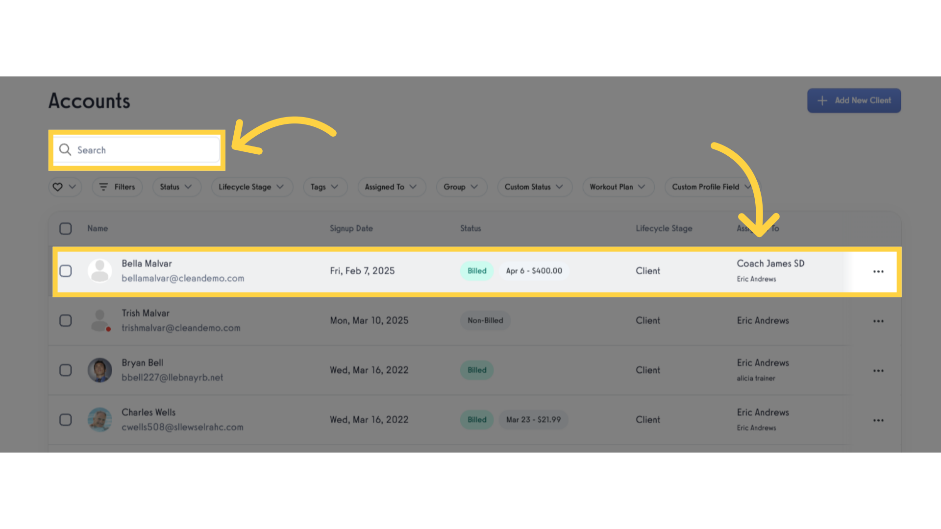 Search or select specific client.