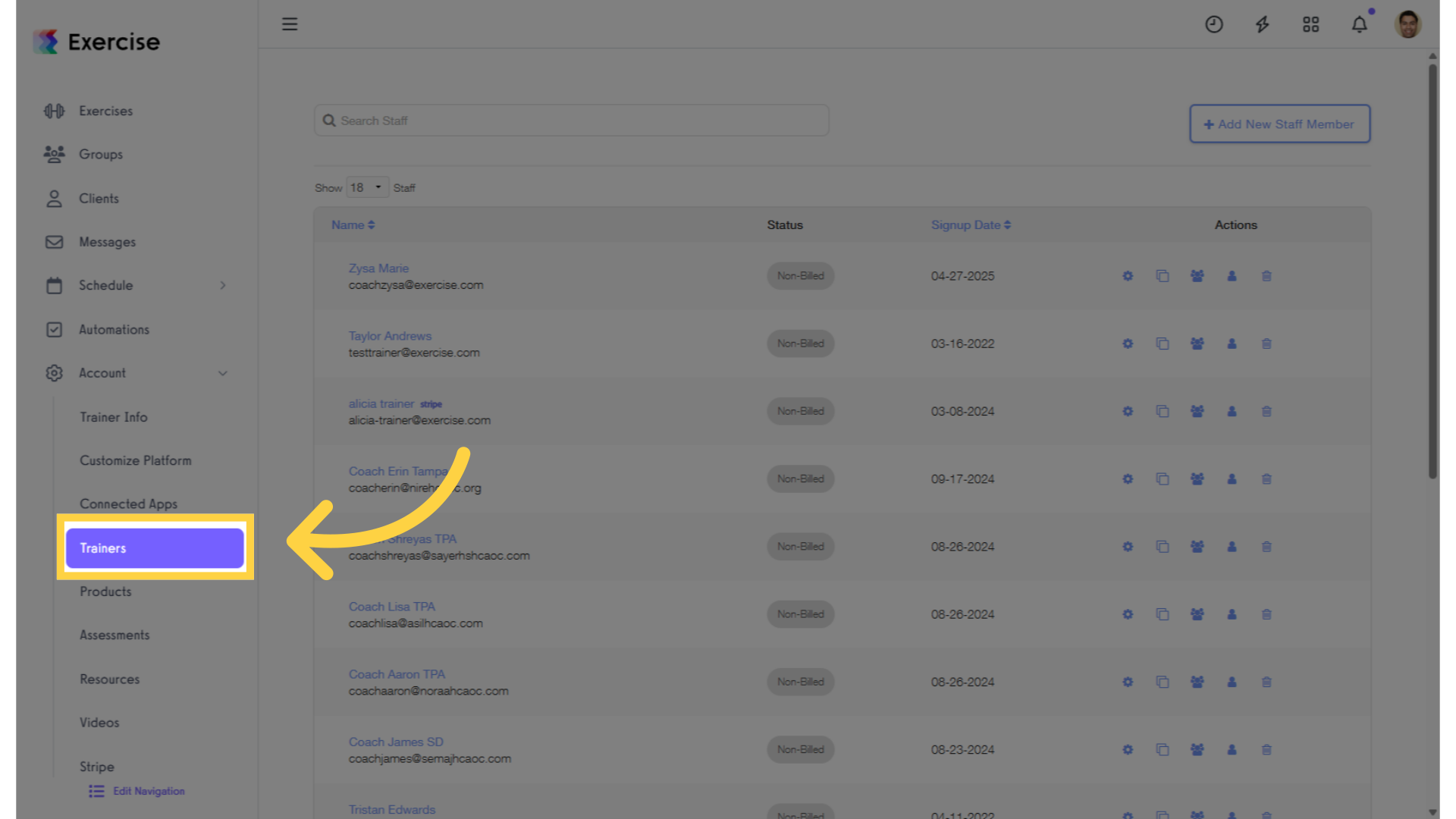 Click on the “Trainers” tab on the left sidebar.