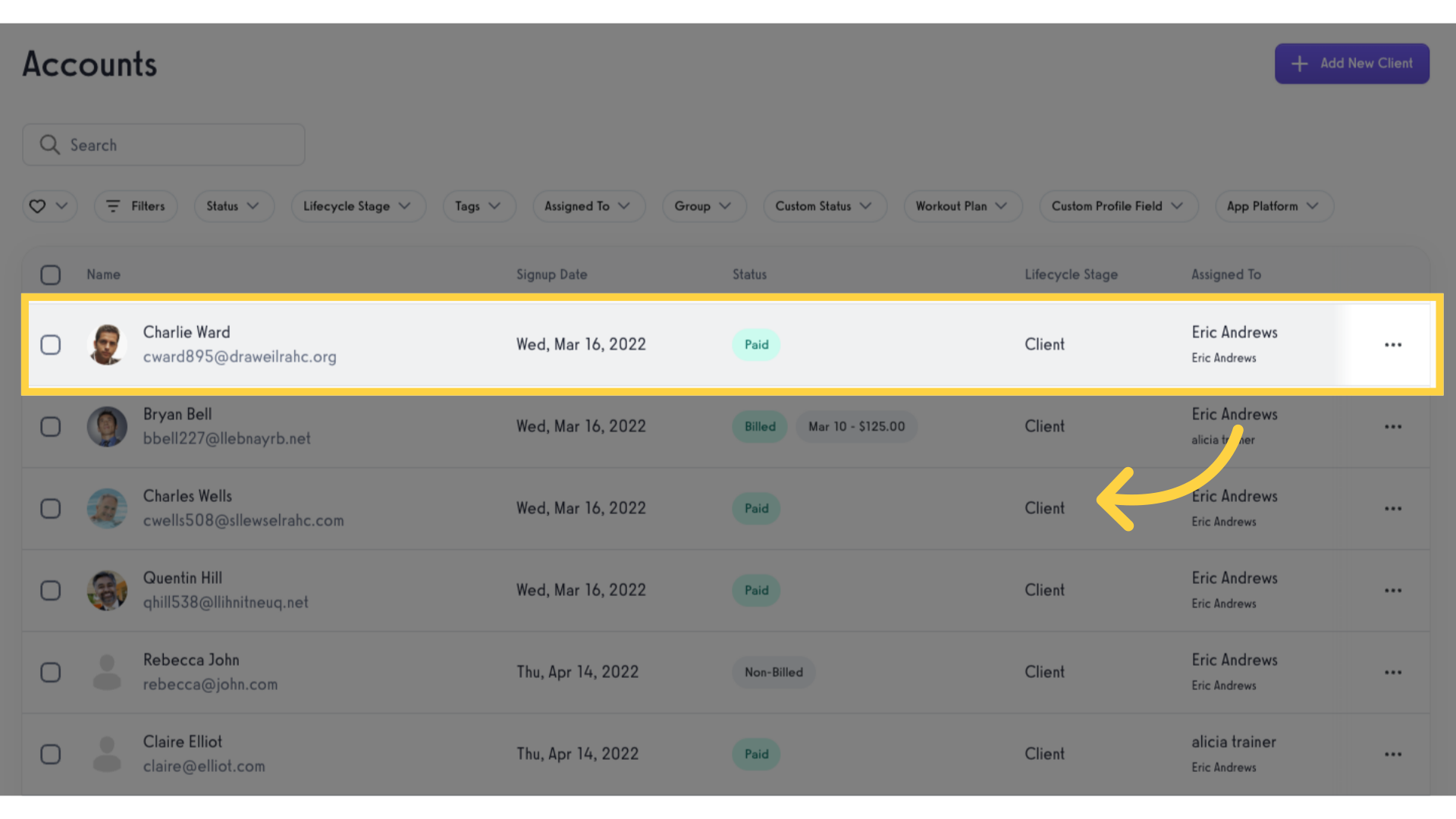 Select and click a client.