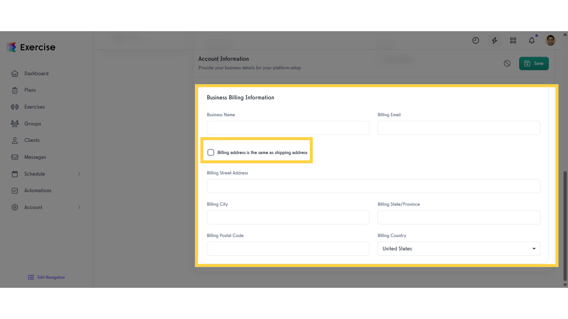 Business Billing Information Section