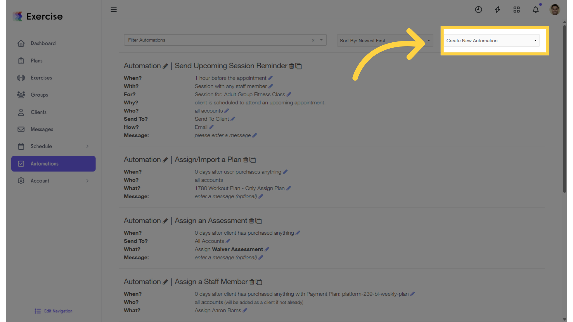 Click on the “Create New Automation” drop-down list.