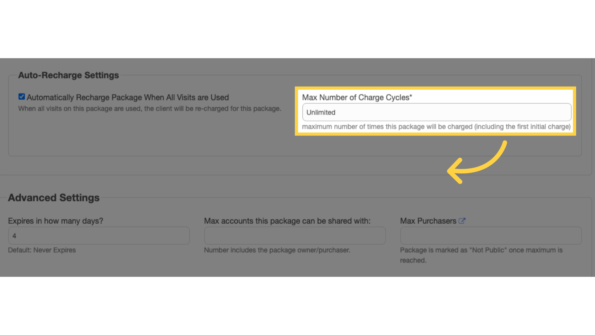 Option 1 Step 4: Edit 'Max Number of Charge Cycles'.