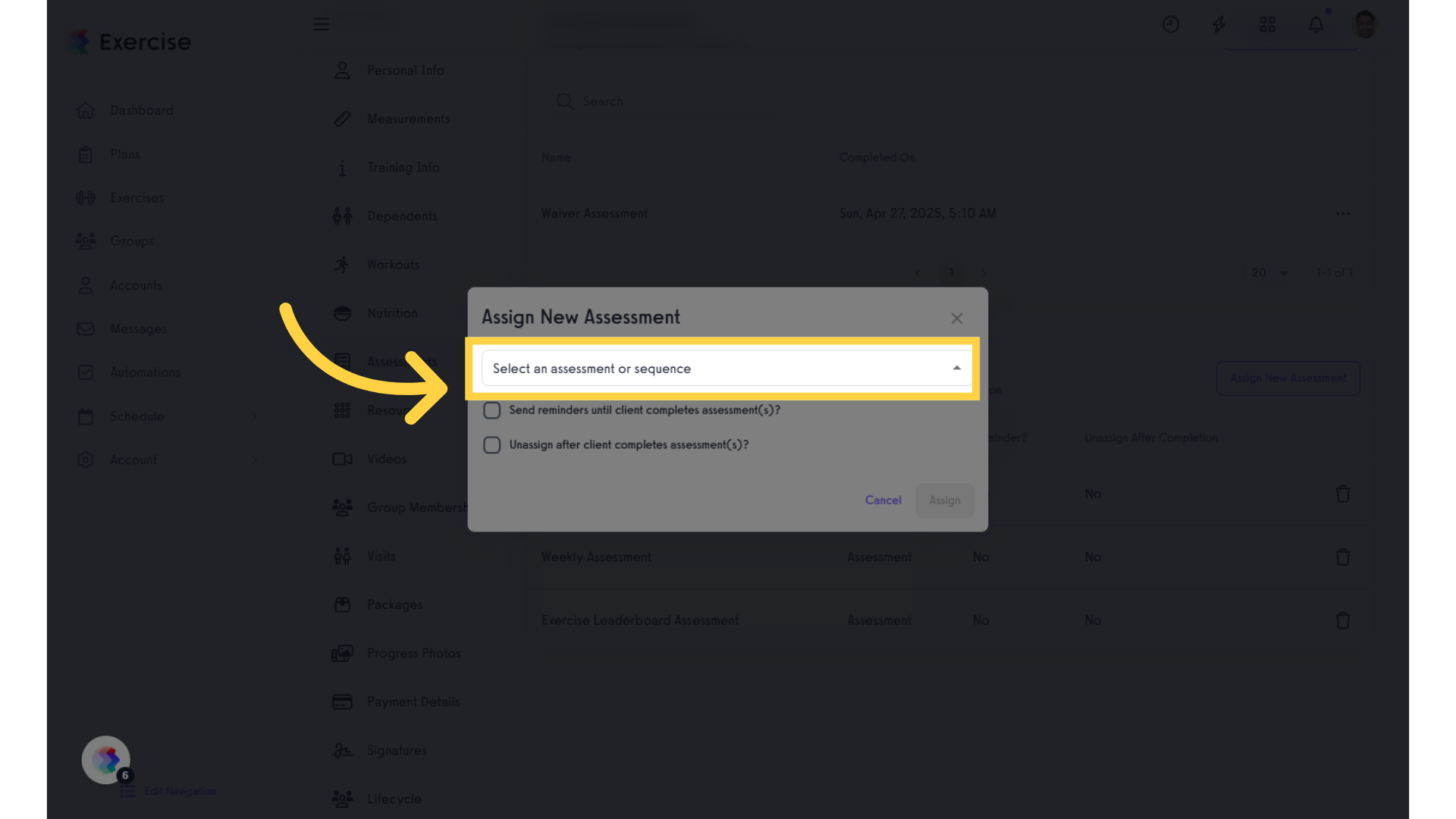 Click 'Select an assessment or sequence.'