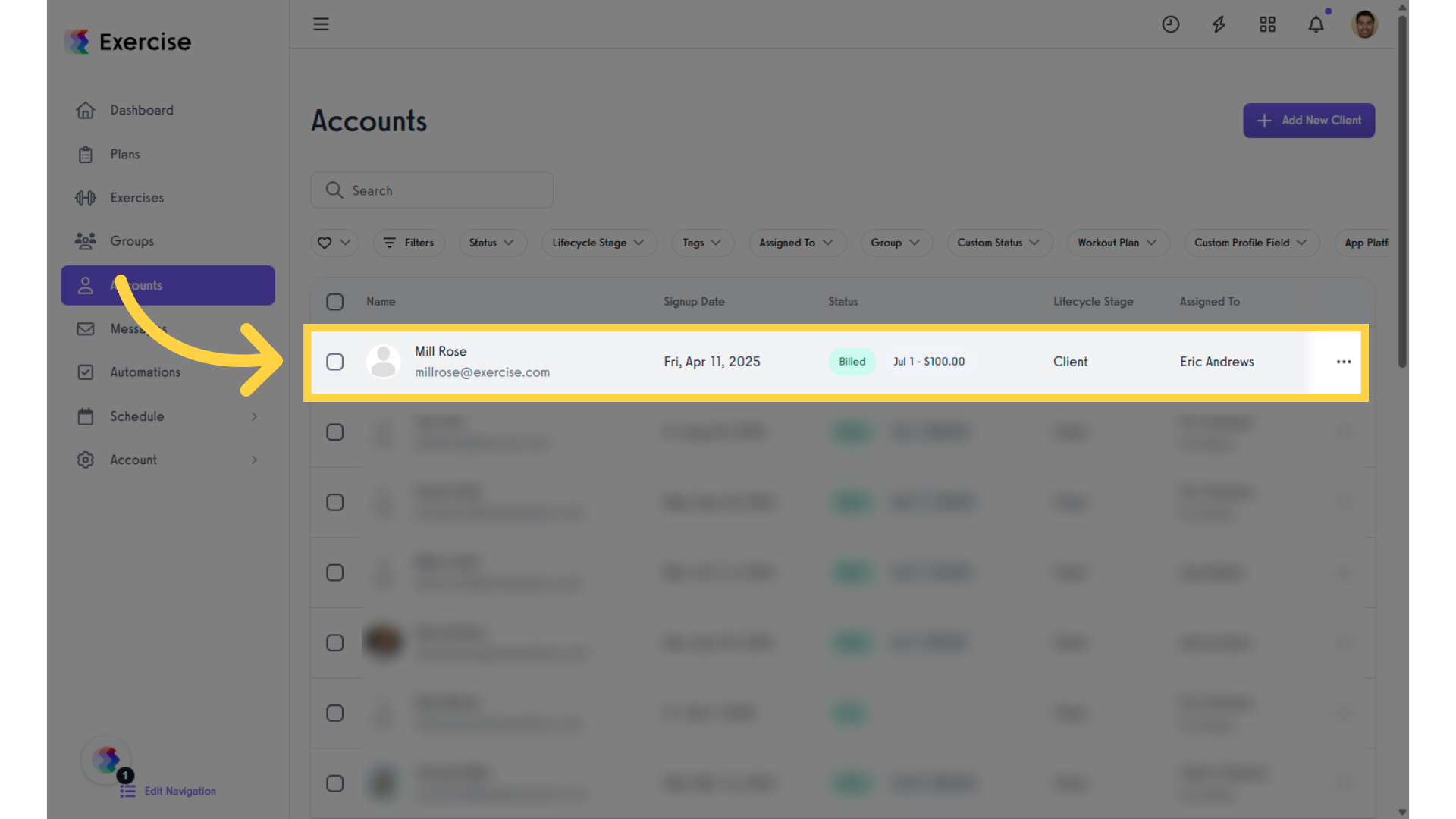 Select a client from the list.