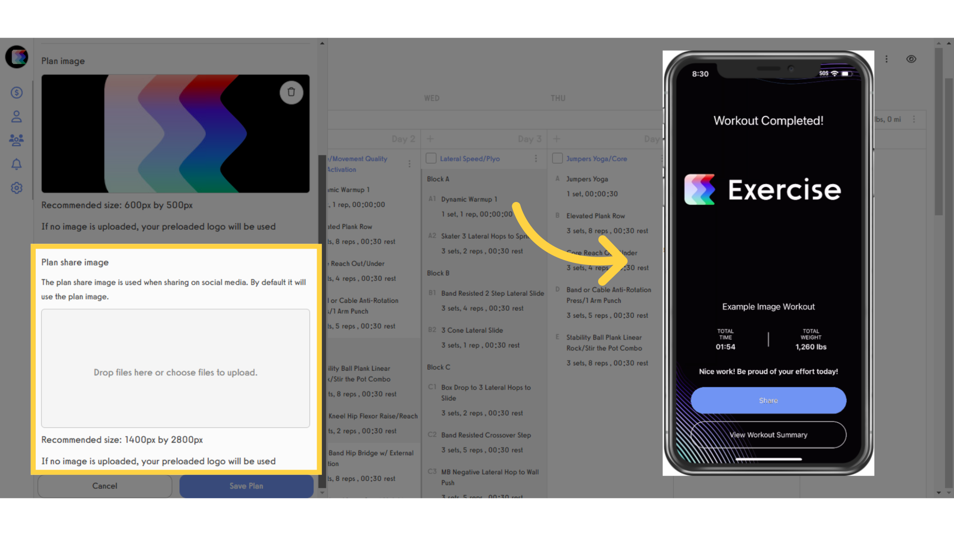 The Plan Share Image is what your clients will see immediately after they finish logging a workout from this plan.