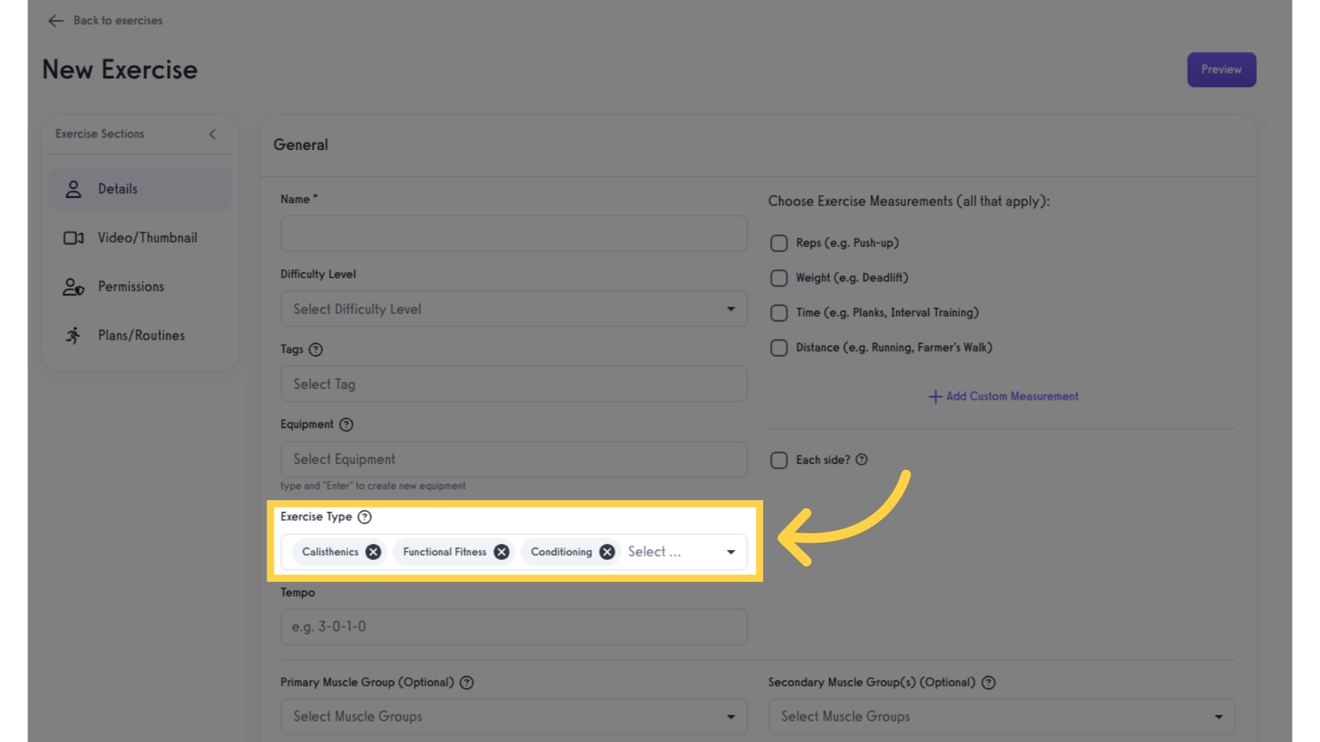Select the exercise type/s.