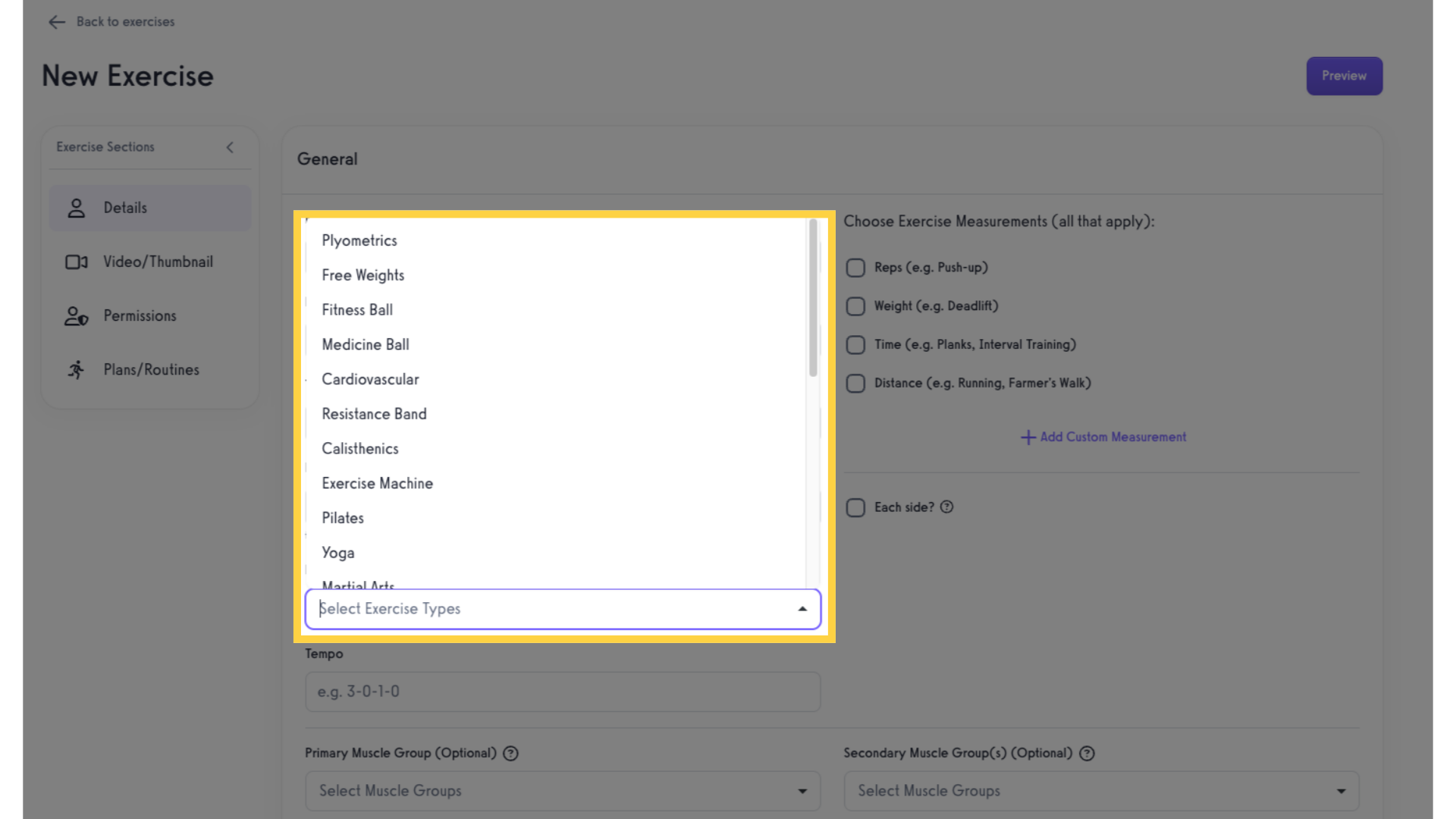 Click the 'Exercise Types' field.