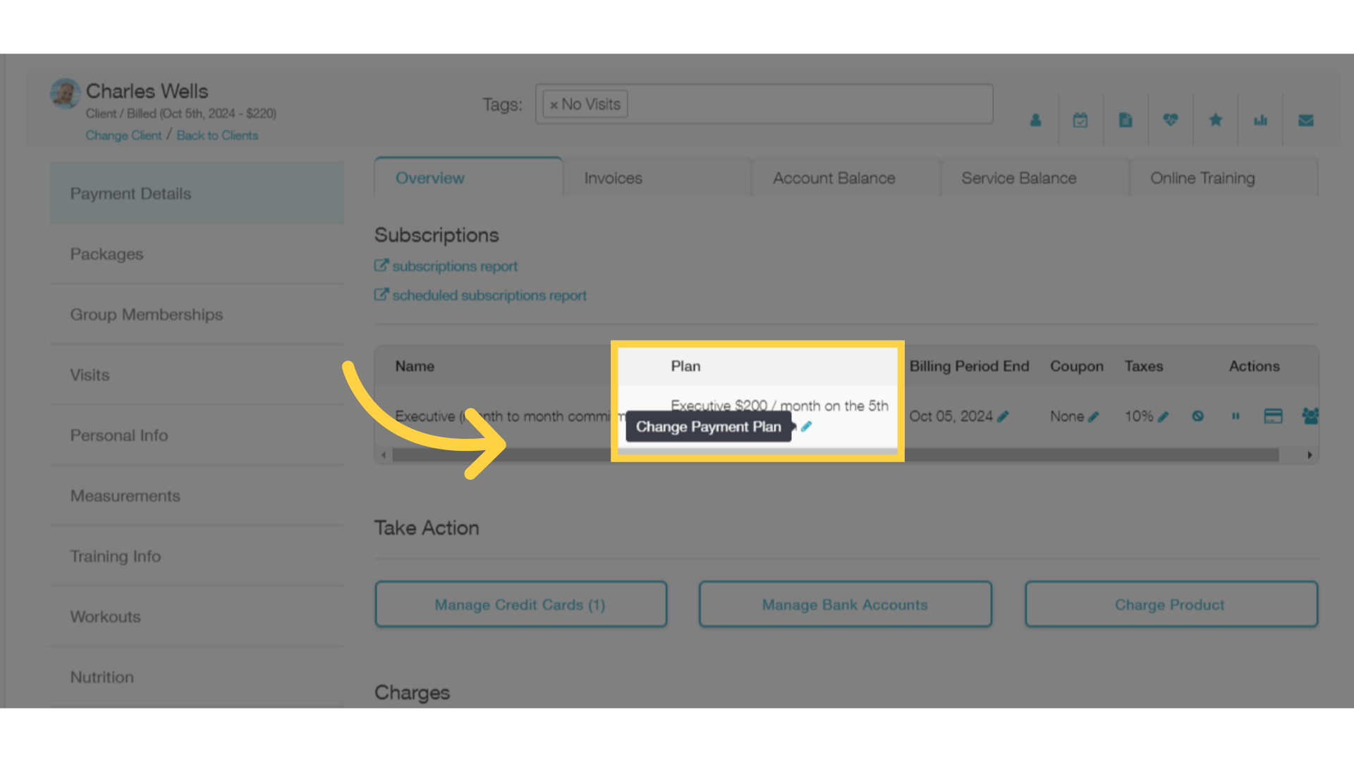 Click the Edit icon for the current subscription plan that you want to update on this client's account.