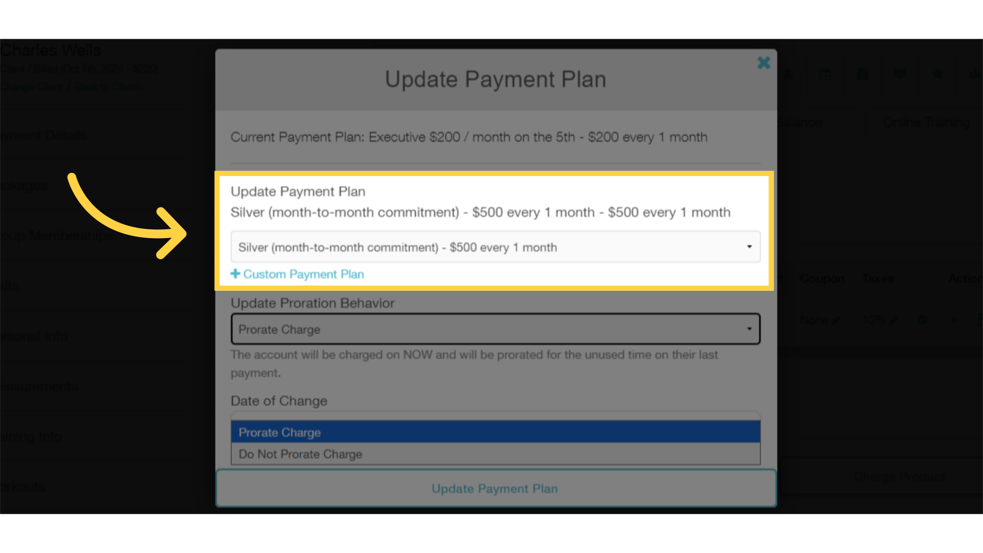 Select the new pricing that you want to apply to this client's package subscription.