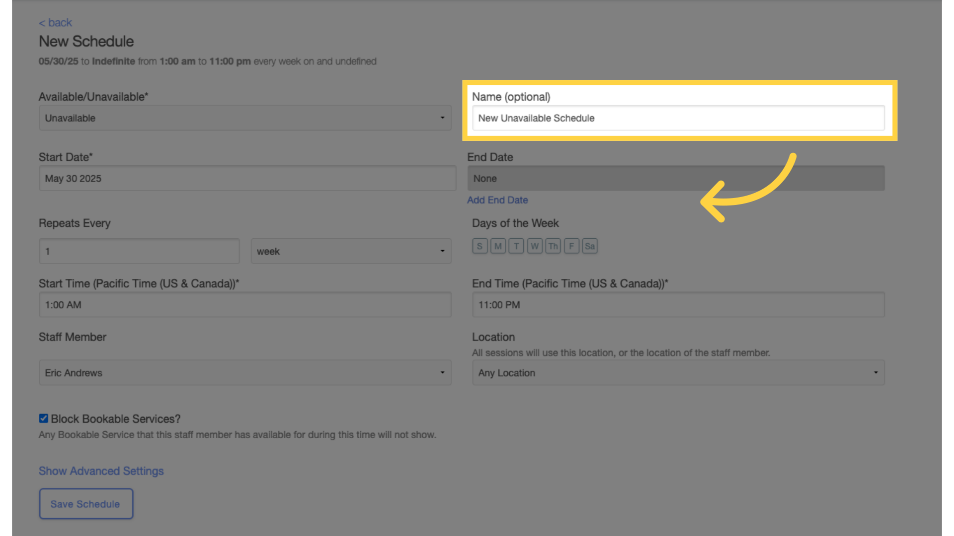 Enter schedule name.