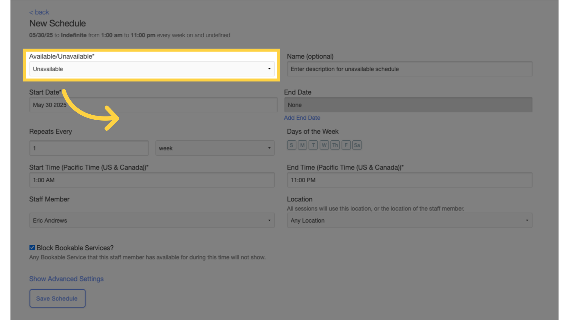 Select 'Unavailable' from the dropdown list.