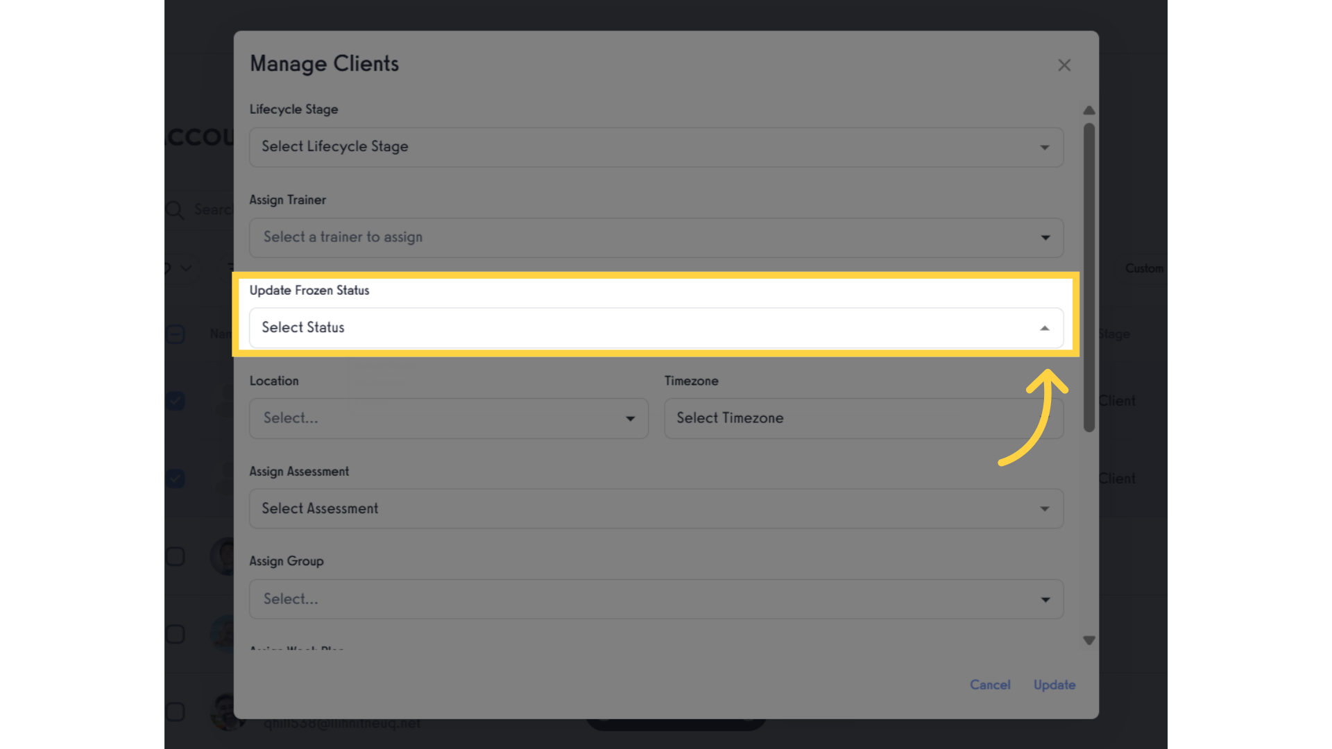 Click dropdown list to update Frozen status.