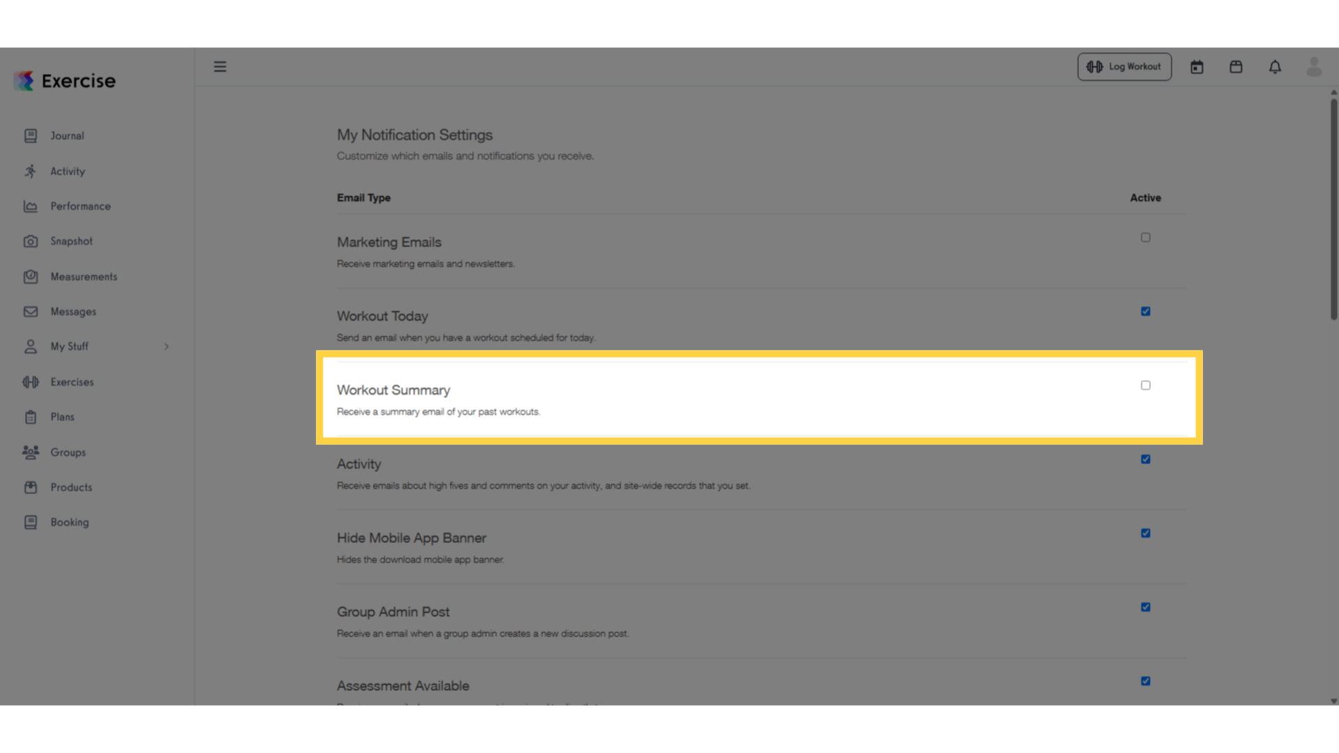 Validate the uncheck on the “Workout Summary” box.