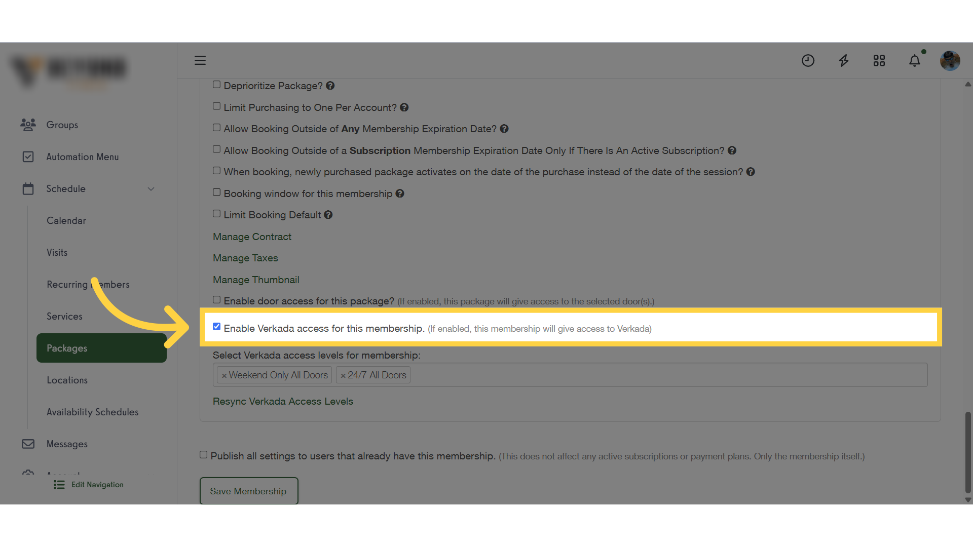 Enable Verkada door access for package.