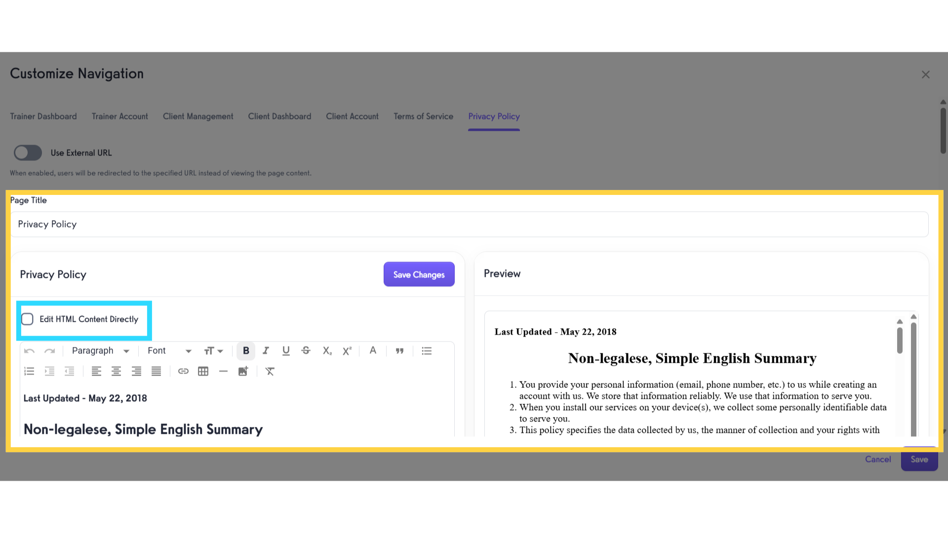Edit Privacy Policy