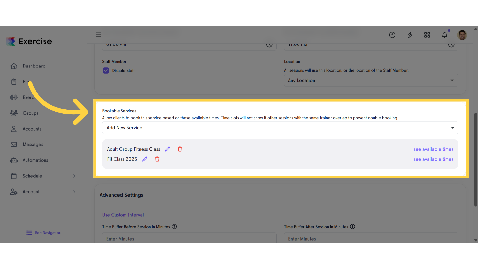 Select the Services you want to make available on this schedule