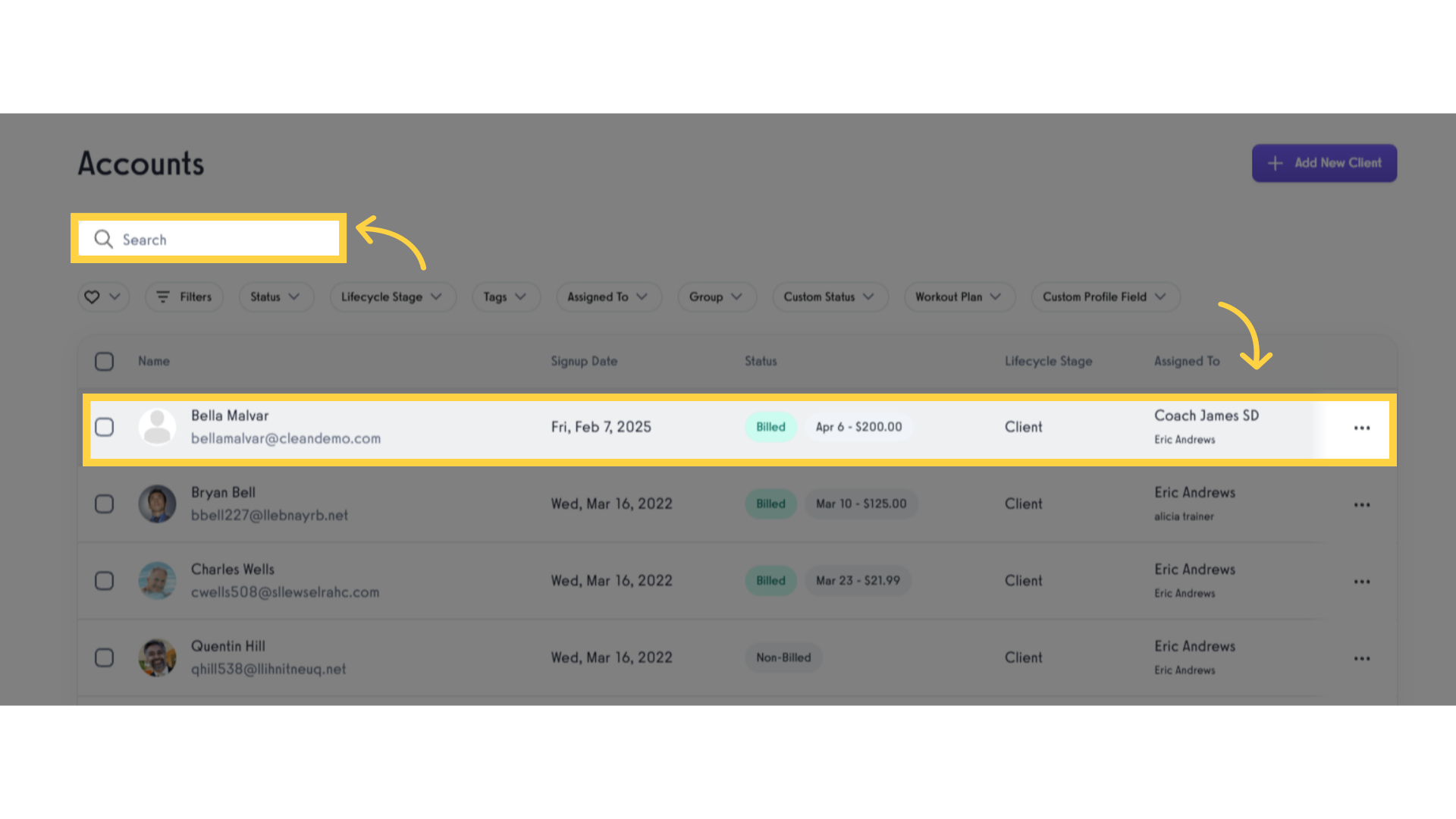 Search or select a client.