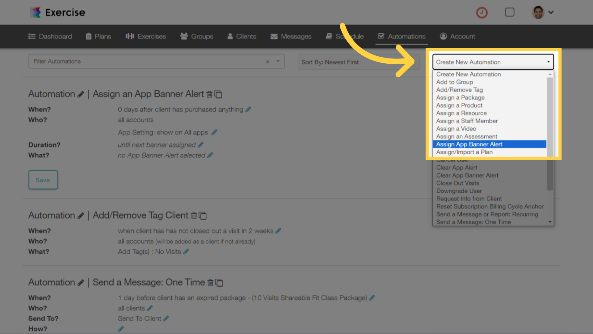 Click on the 'Create New Automation' dropdown and select 'Assign App Banner Alert'.