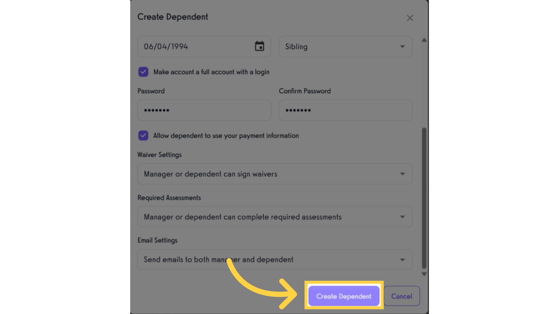 Click 'Create Dependent'