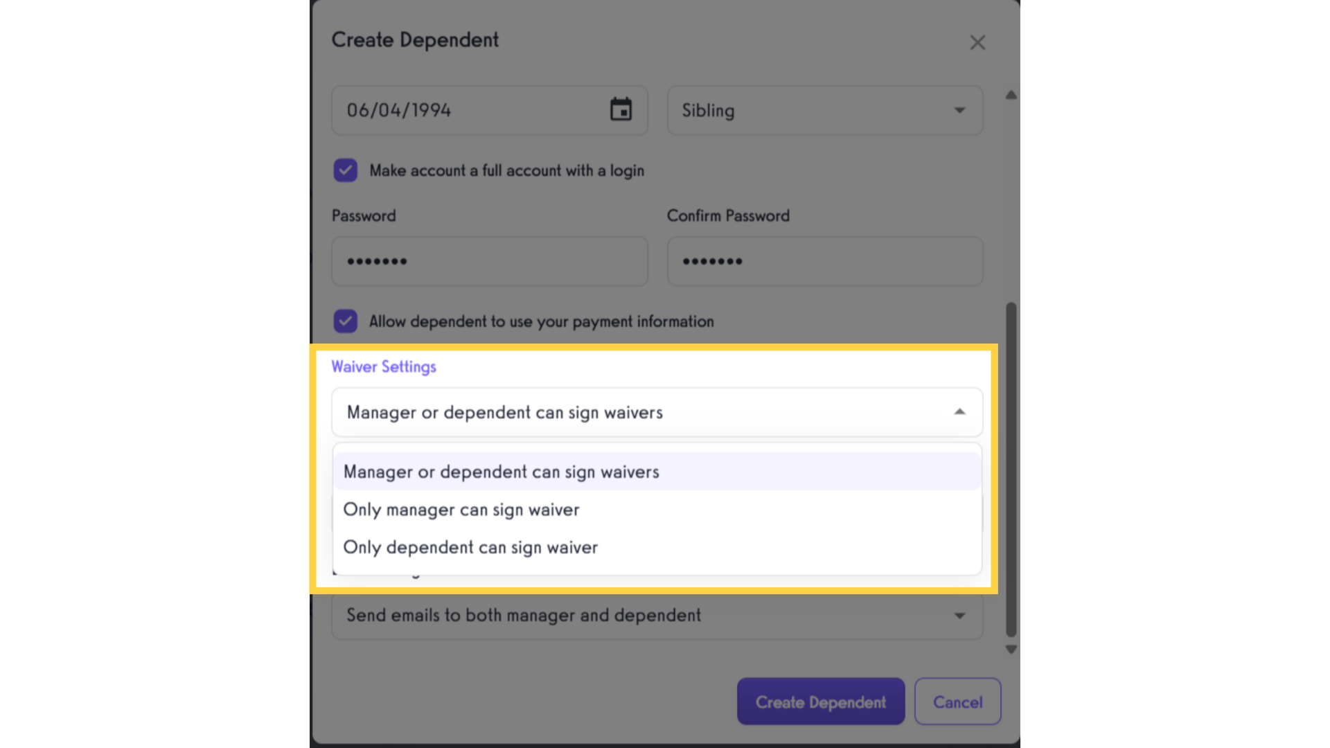 Waiver Settings