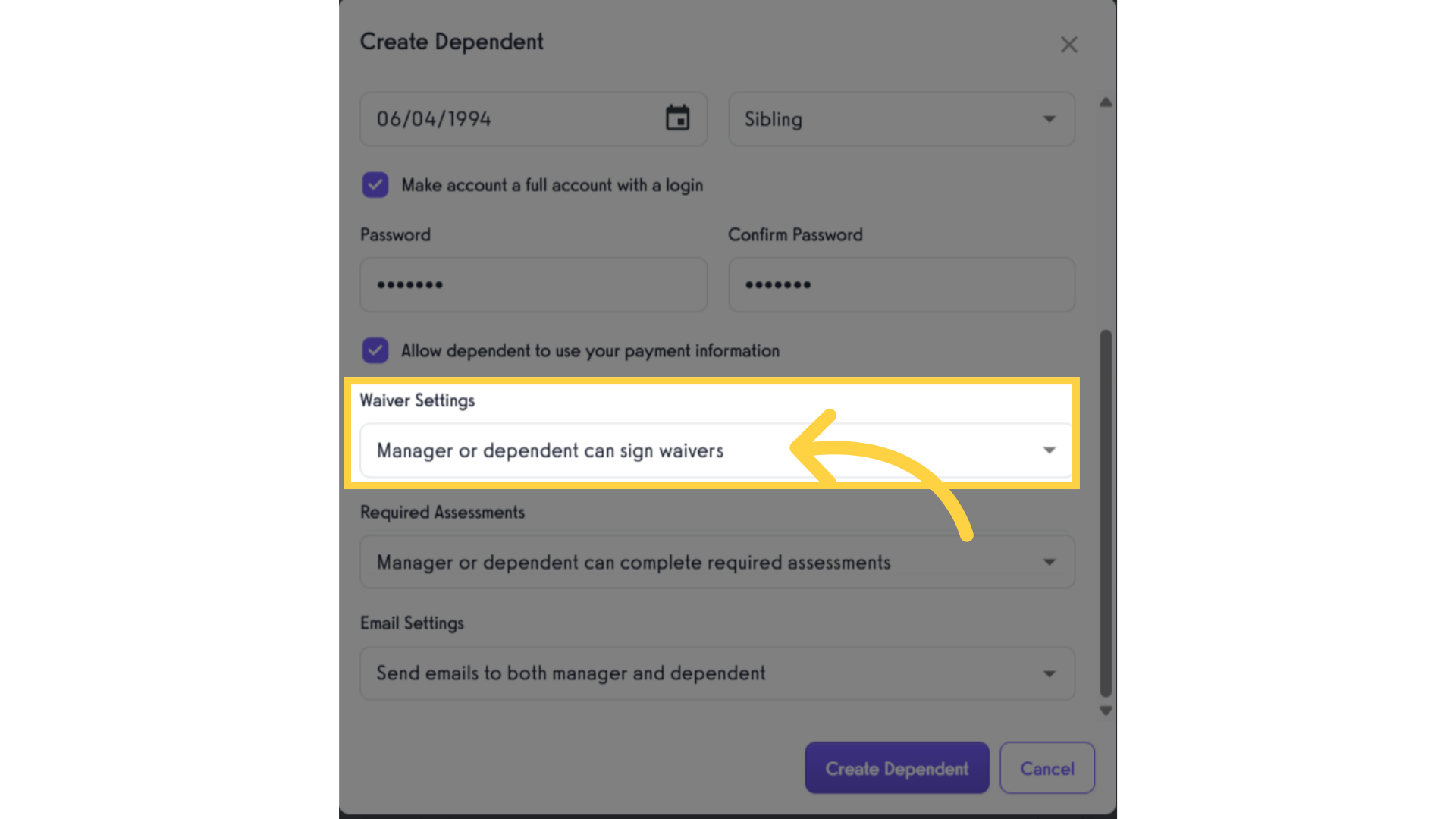 Select Waiver Settings