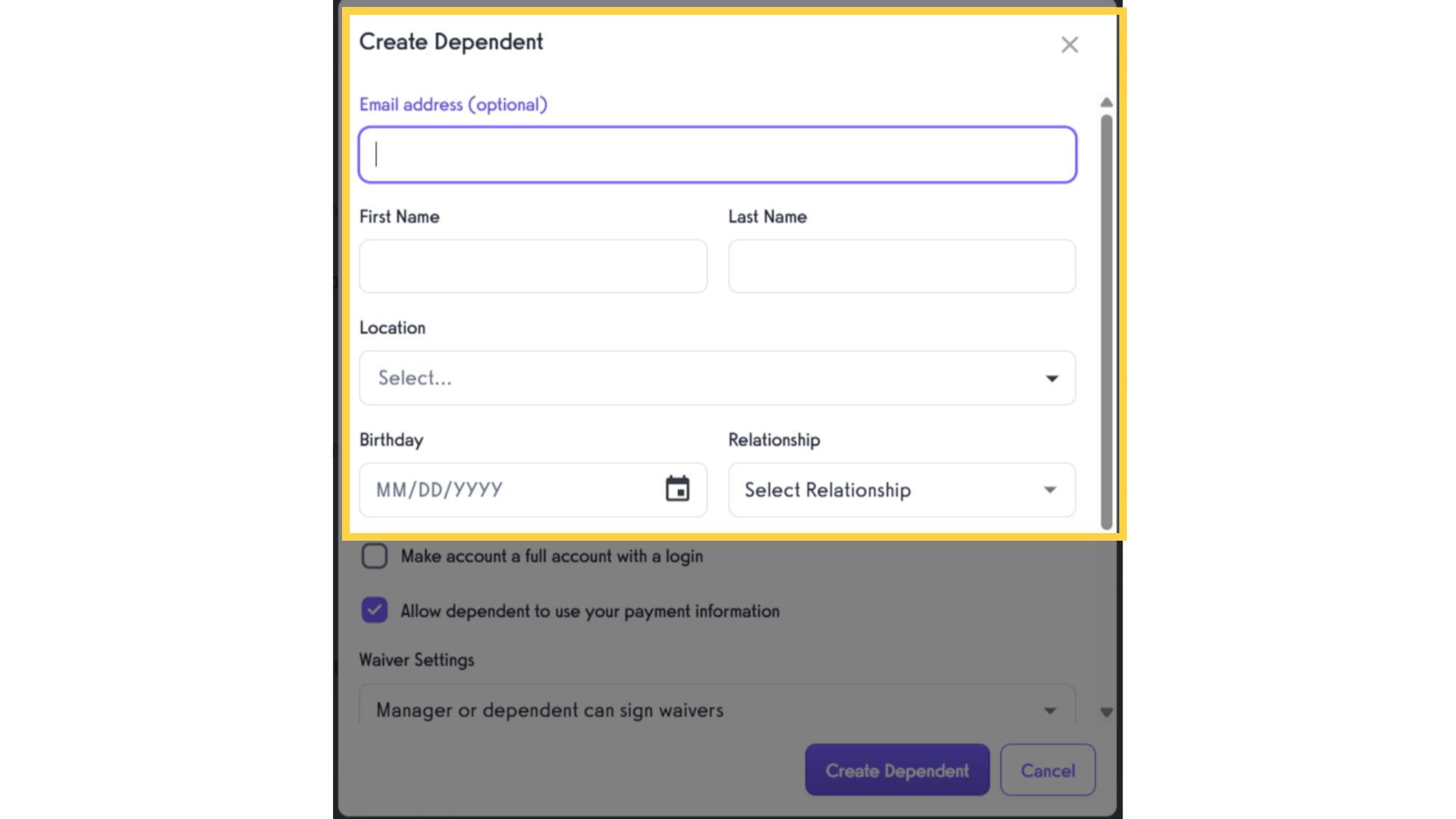 Fill in the dependent information