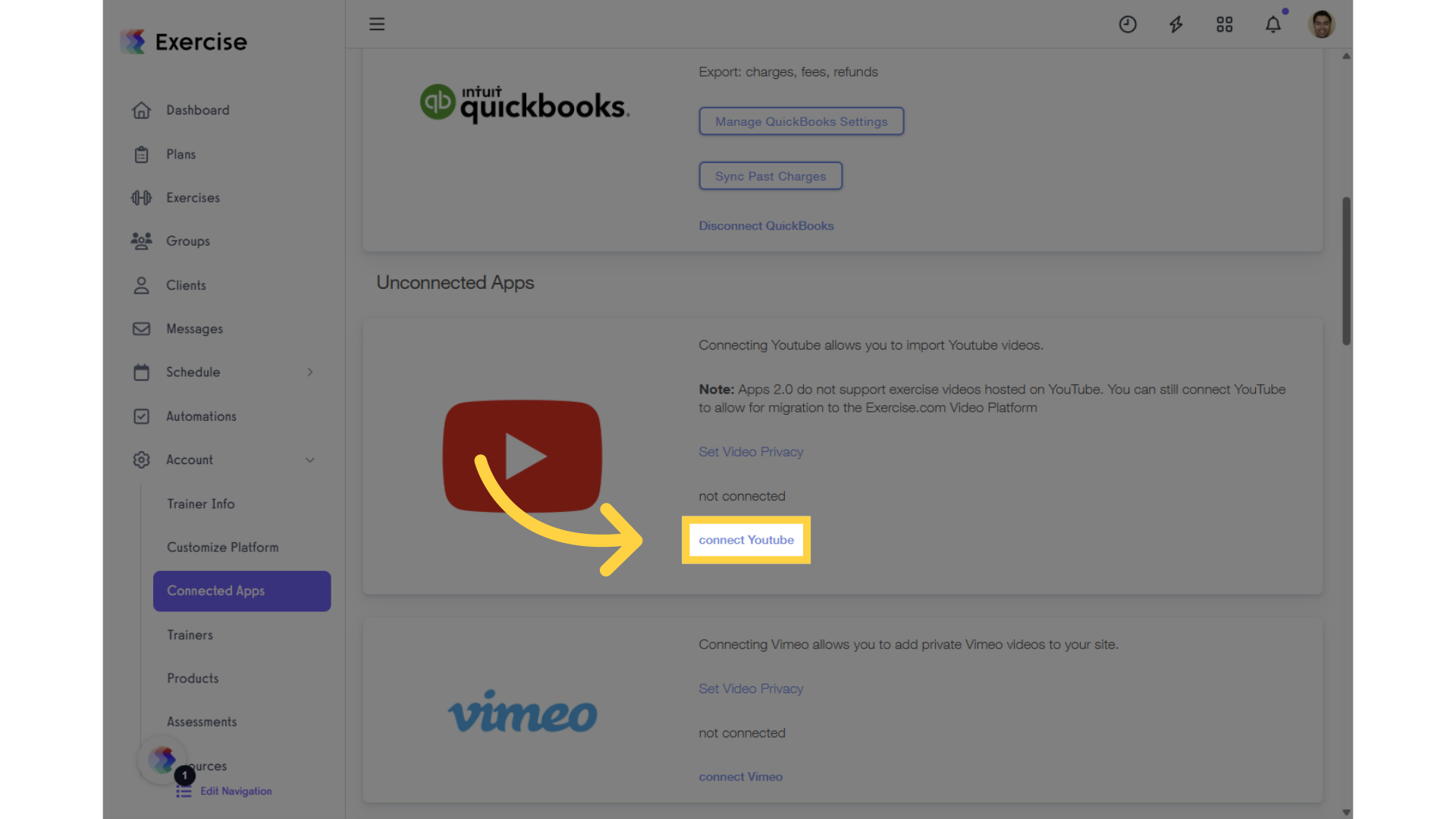 Scroll down to YouTube and click on the “connect YouTube” link.